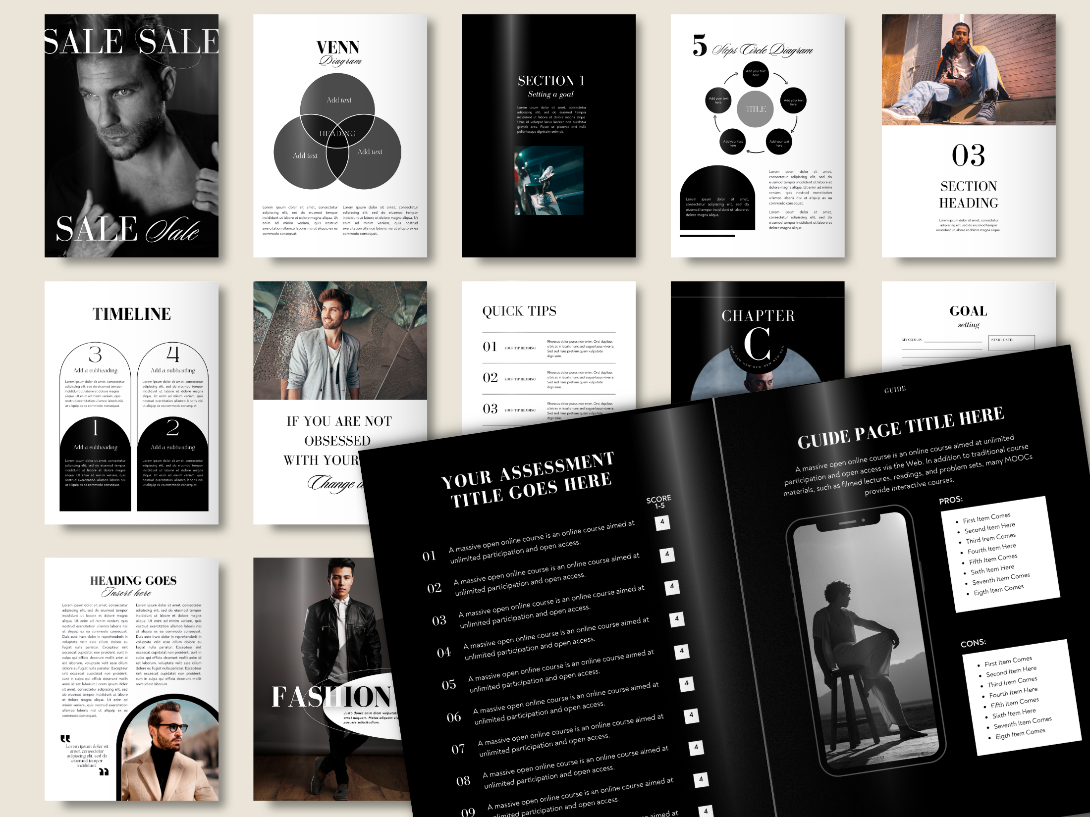 Interior page preview of the Mens Luxury Design eBook & Workbook, showcasing the clean layout and professionally designed sections for fashion strategy.