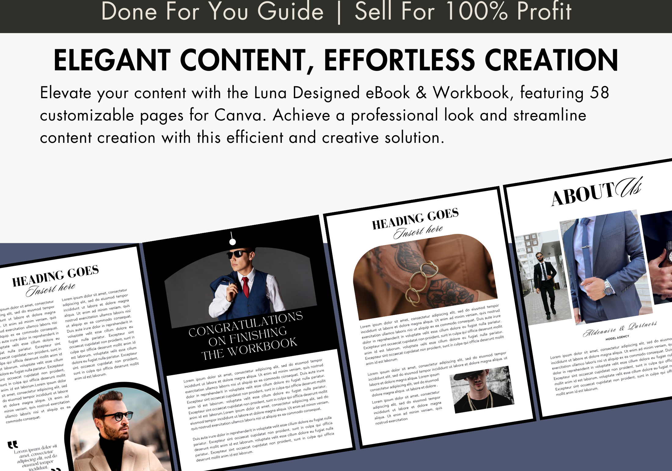 A breakdown of what’s included in the Mens Luxury Design eBook & Workbook, featuring 58 pages of fashion-related content, ready for instant download and customization.