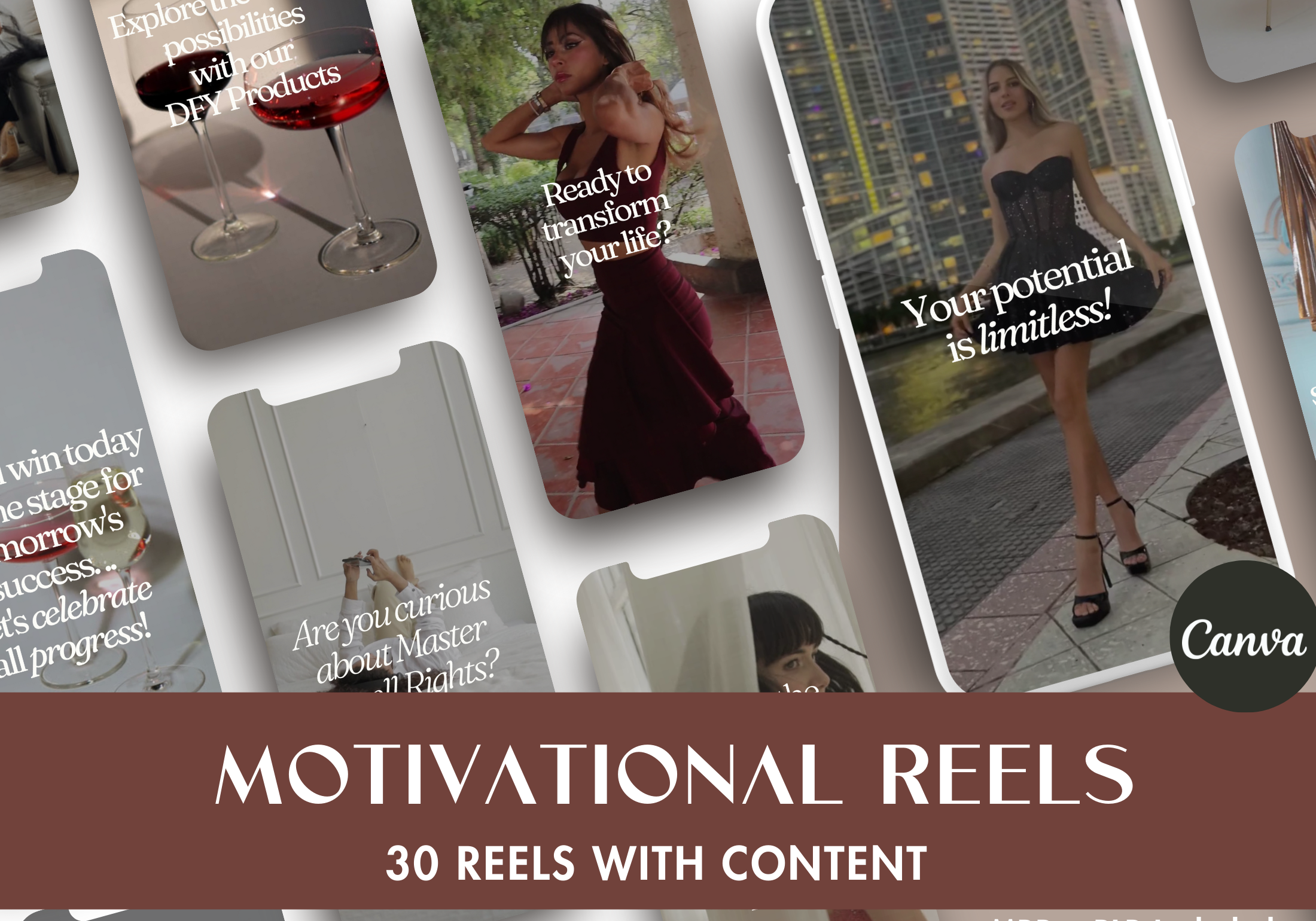 Mockup showcasing Motivational Reels product featuring 30 reels with motivational and transformative messages for digital products