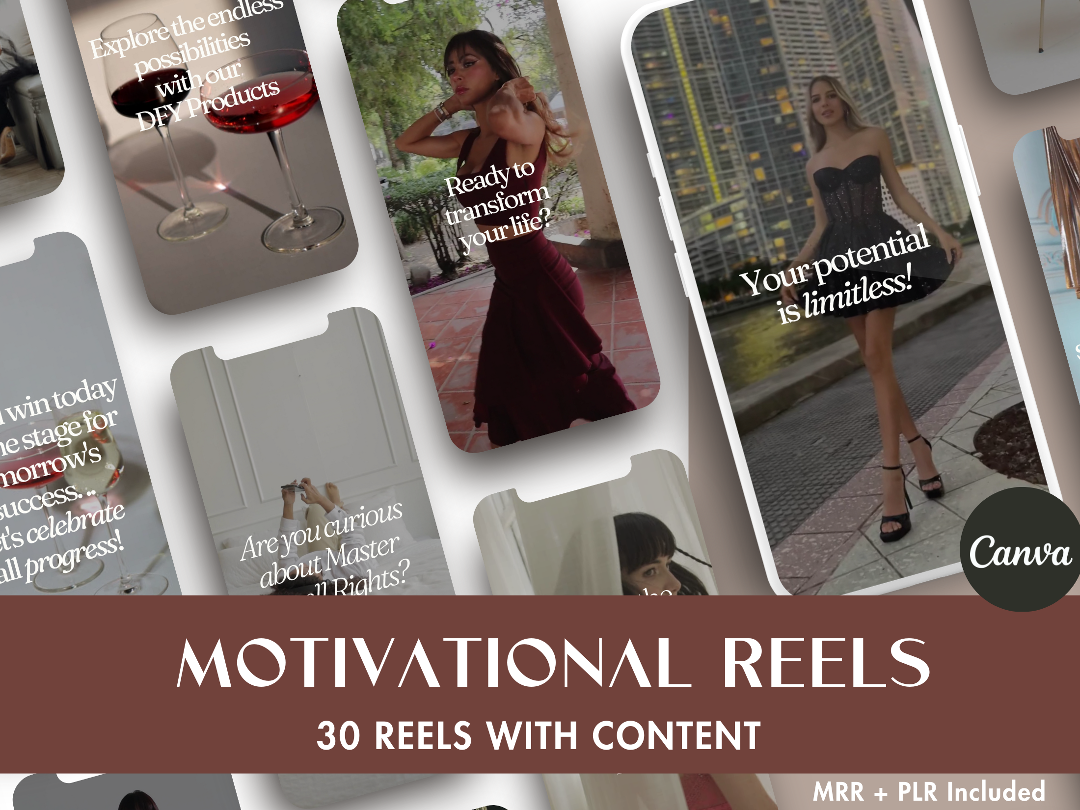 Mockup showcasing Motivational Reels product featuring 30 reels with motivational and transformative messages for digital products