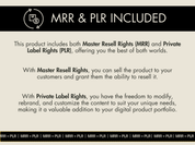 Graphic showcasing Master Resell Rights (MRR) and Private Label Rights (PLR) included with the Old Money Lifestyle collection, emphasizing customization and resale options.