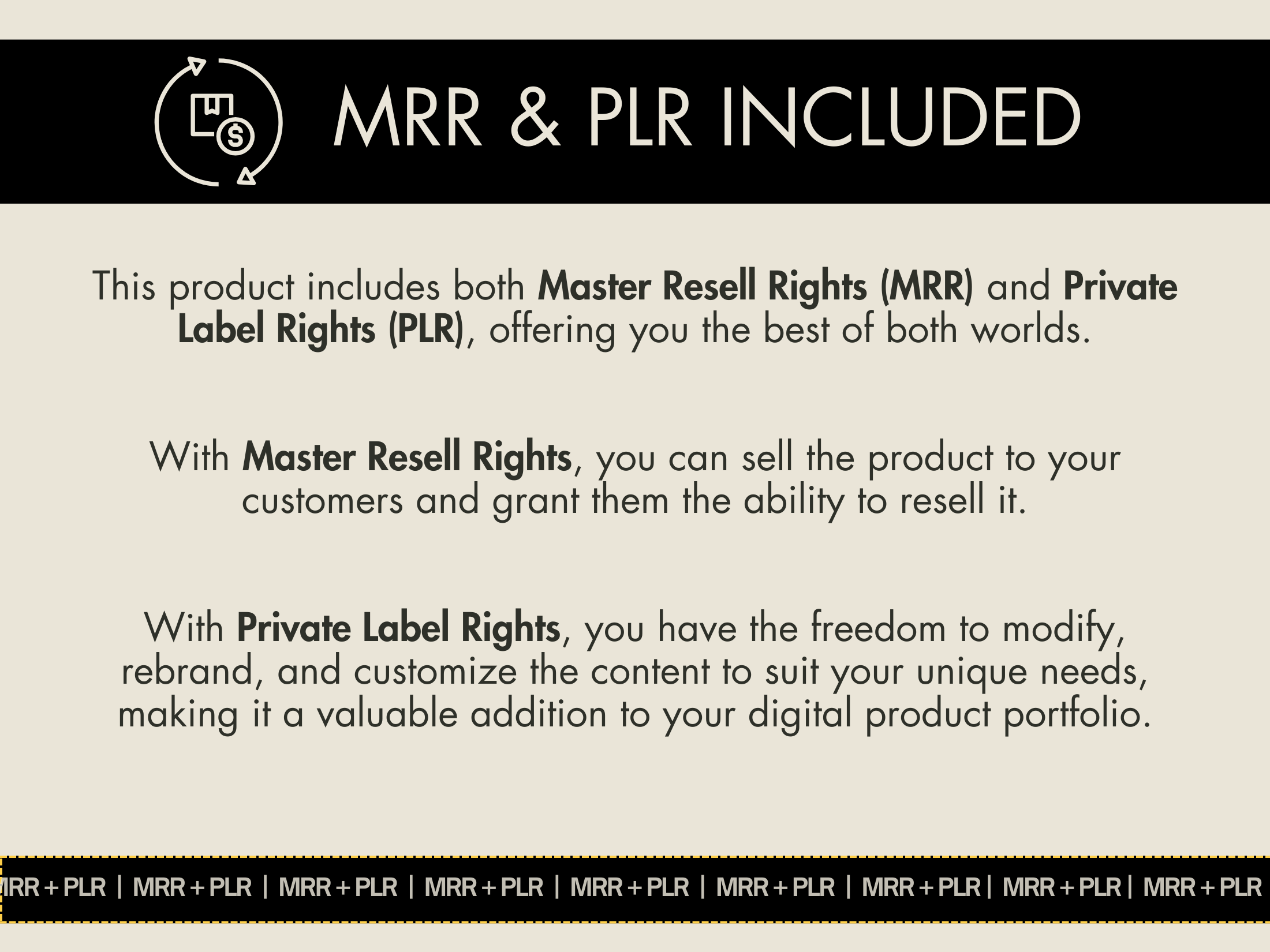 Graphic showcasing Master Resell Rights (MRR) and Private Label Rights (PLR) included with the Old Money Lifestyle collection, emphasizing customization and resale options.