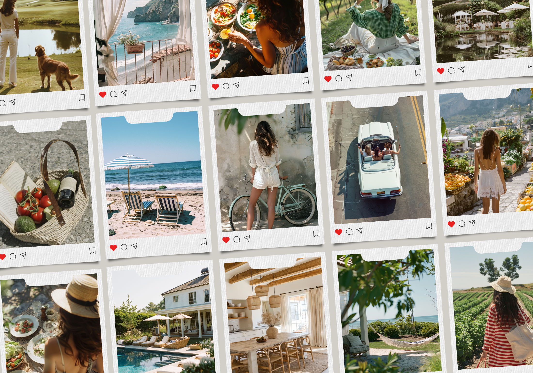 Polaroid-style grid layout featuring Old Money Lifestyle images of vineyards, coastal views, and chic outdoor leisure activities.