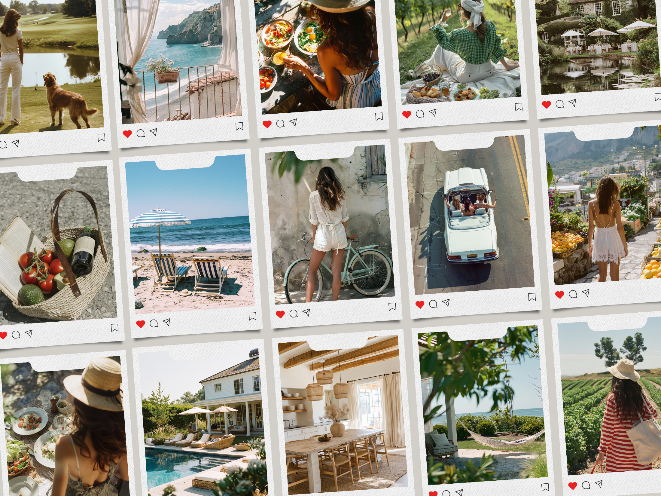 Polaroid-style grid layout featuring Old Money Lifestyle images of vineyards, coastal views, and chic outdoor leisure activities.