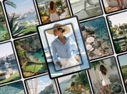 A grid view of various lifestyle images including coastal landscapes, serene settings, and stylish women, designed for social media posts.