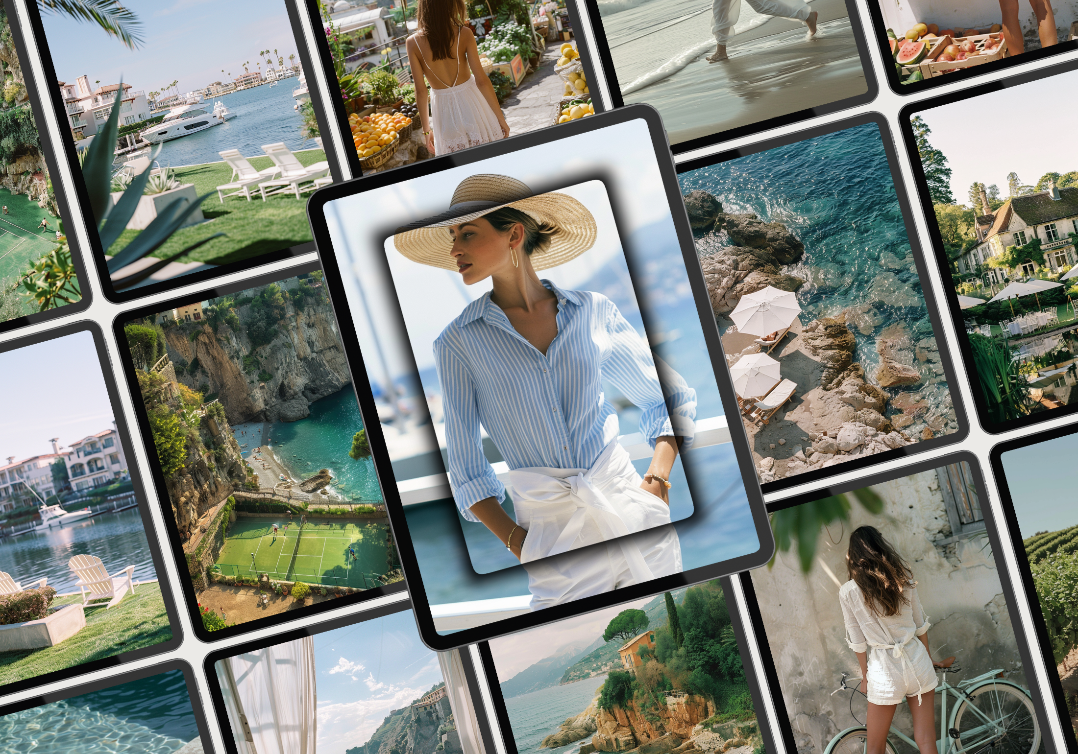 A grid view of various lifestyle images including coastal landscapes, serene settings, and stylish women, designed for social media posts.