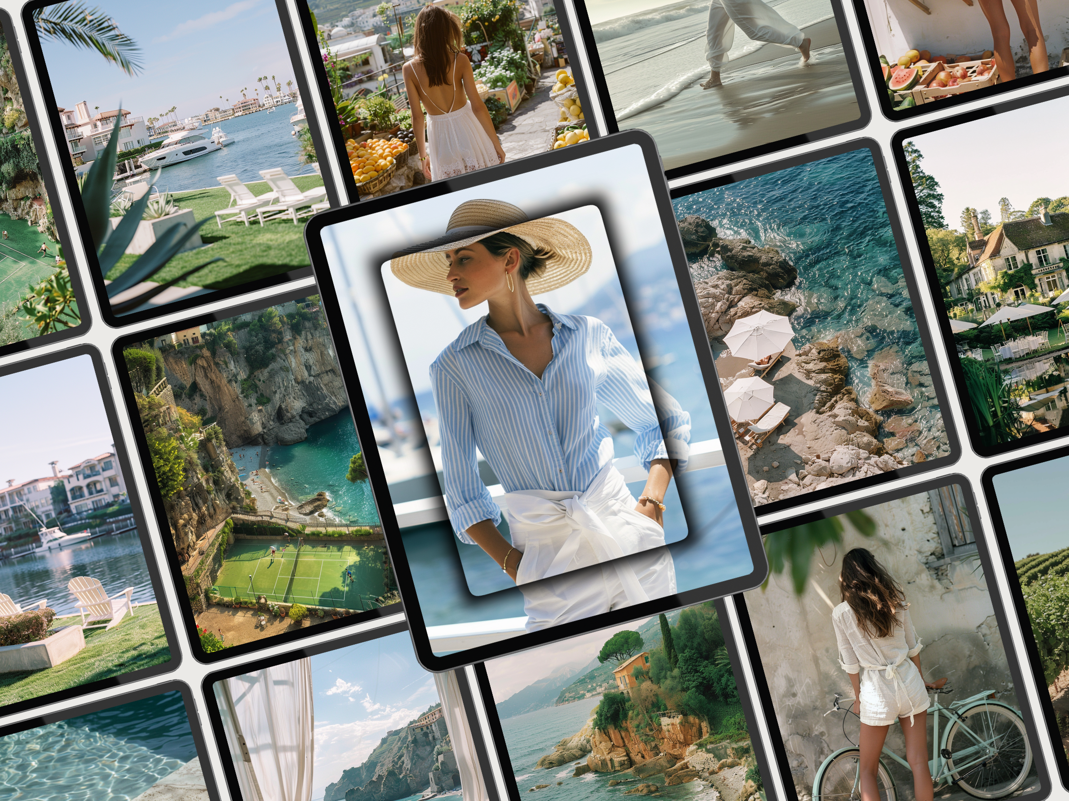 A grid view of various lifestyle images including coastal landscapes, serene settings, and stylish women, designed for social media posts.