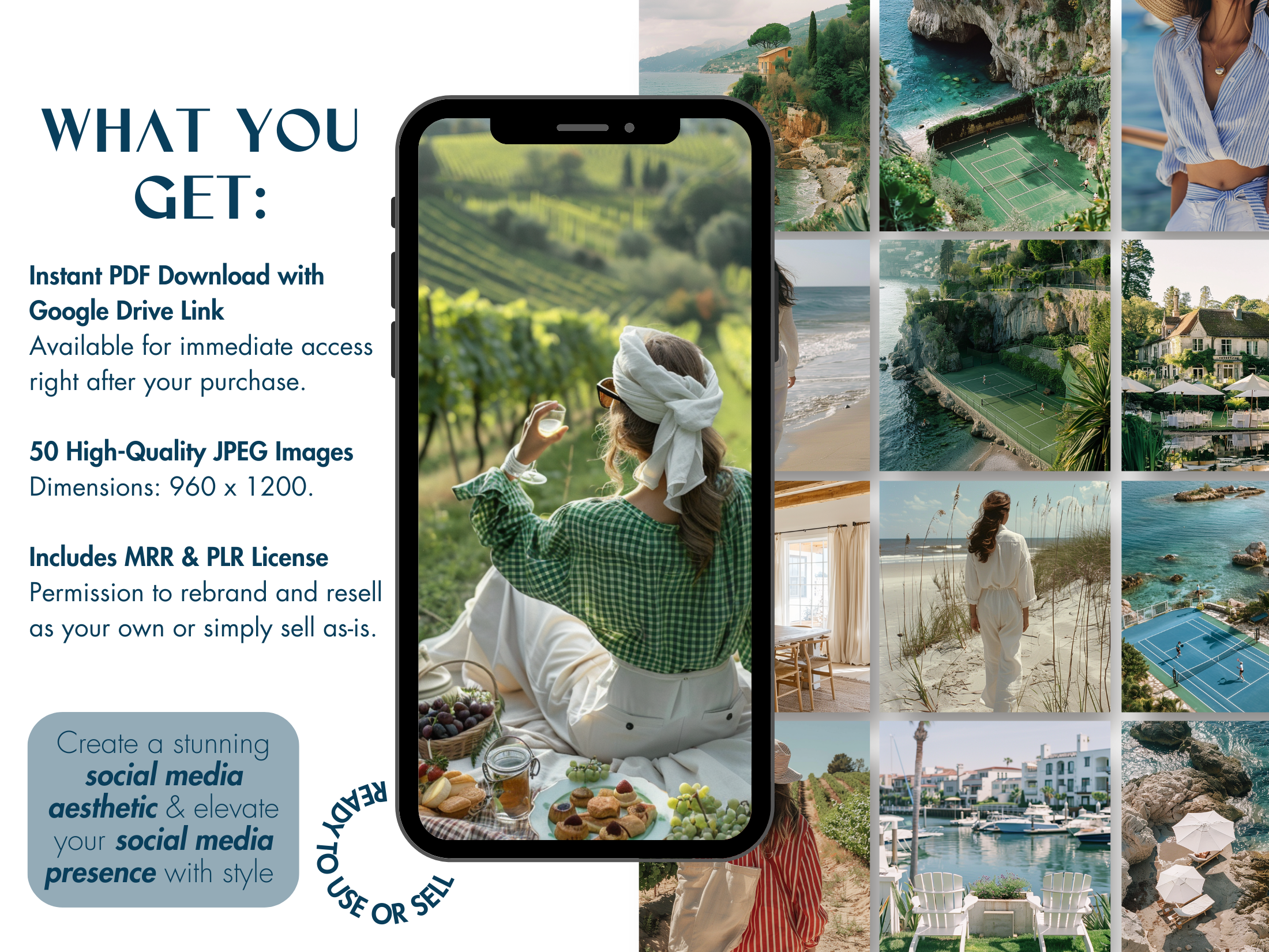 Showcasing what’s included in the product, highlighting the PDF download, 50 high-quality JPEG images, and MRR + PLR license with elegant social media visuals.