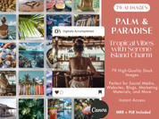 Palm & Paradise AI Stock Images cover featuring 79 tropical island-inspired images with serene charm.