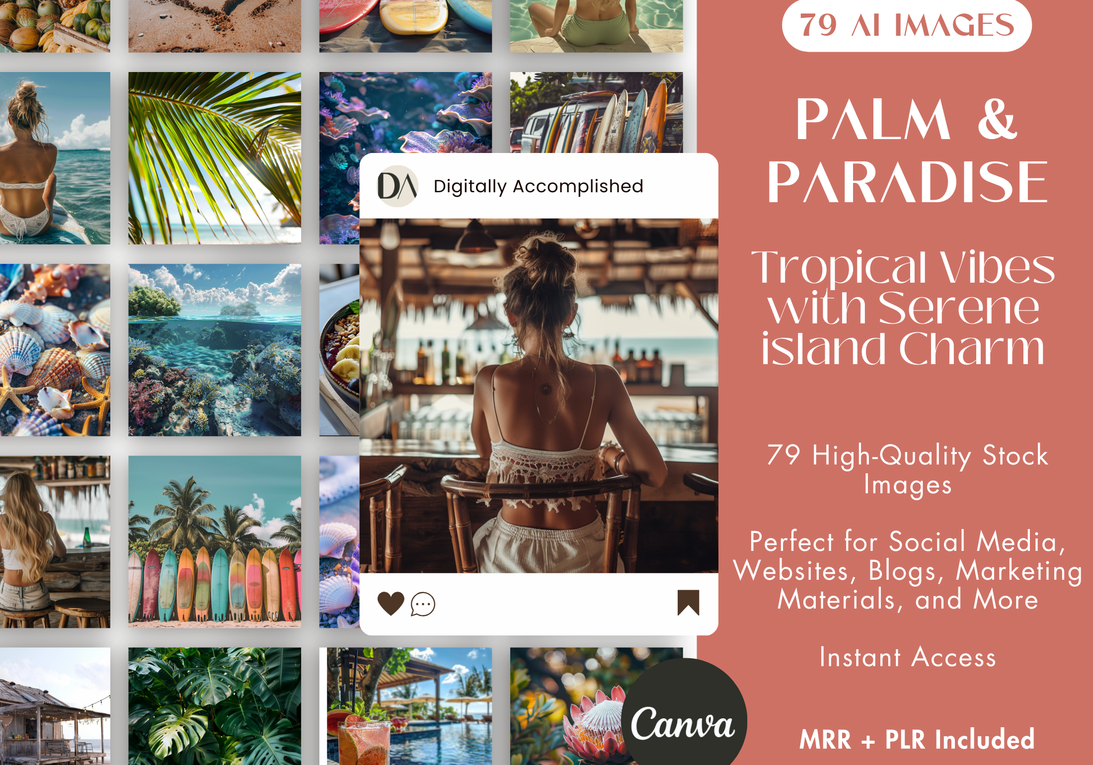 Palm & Paradise AI Stock Images cover featuring 79 tropical island-inspired images with serene charm.