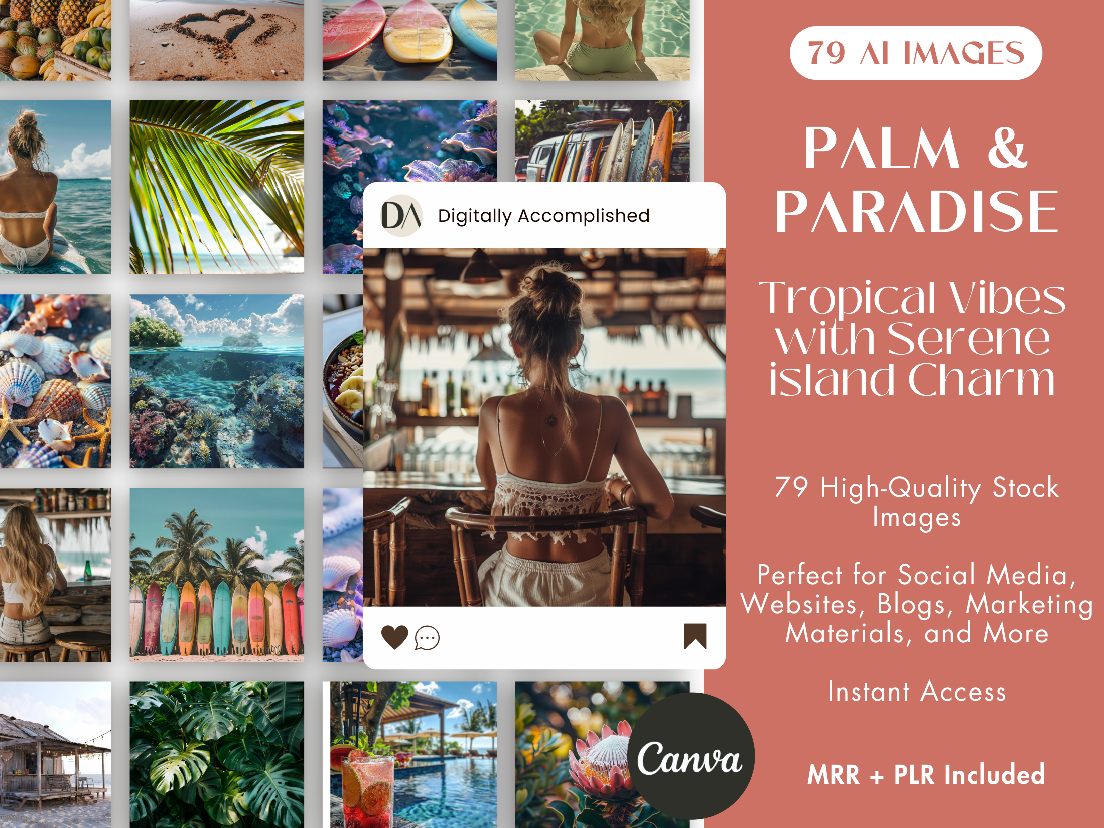 Palm & Paradise AI Stock Images cover featuring 79 tropical island-inspired images with serene charm.