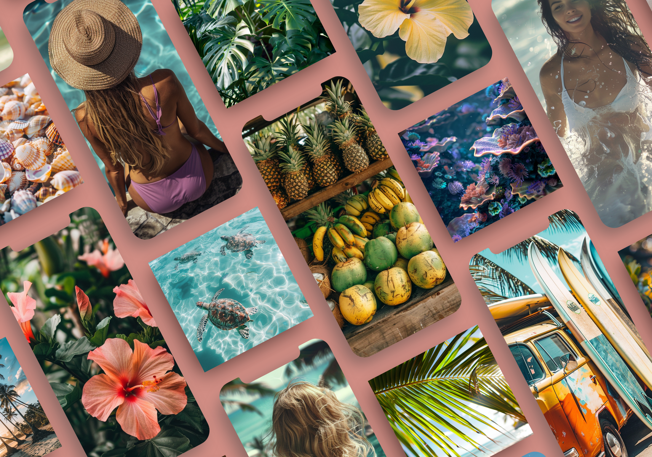 Preview collage of tropical-themed images, showcasing beaches, palm trees, and island aesthetics.