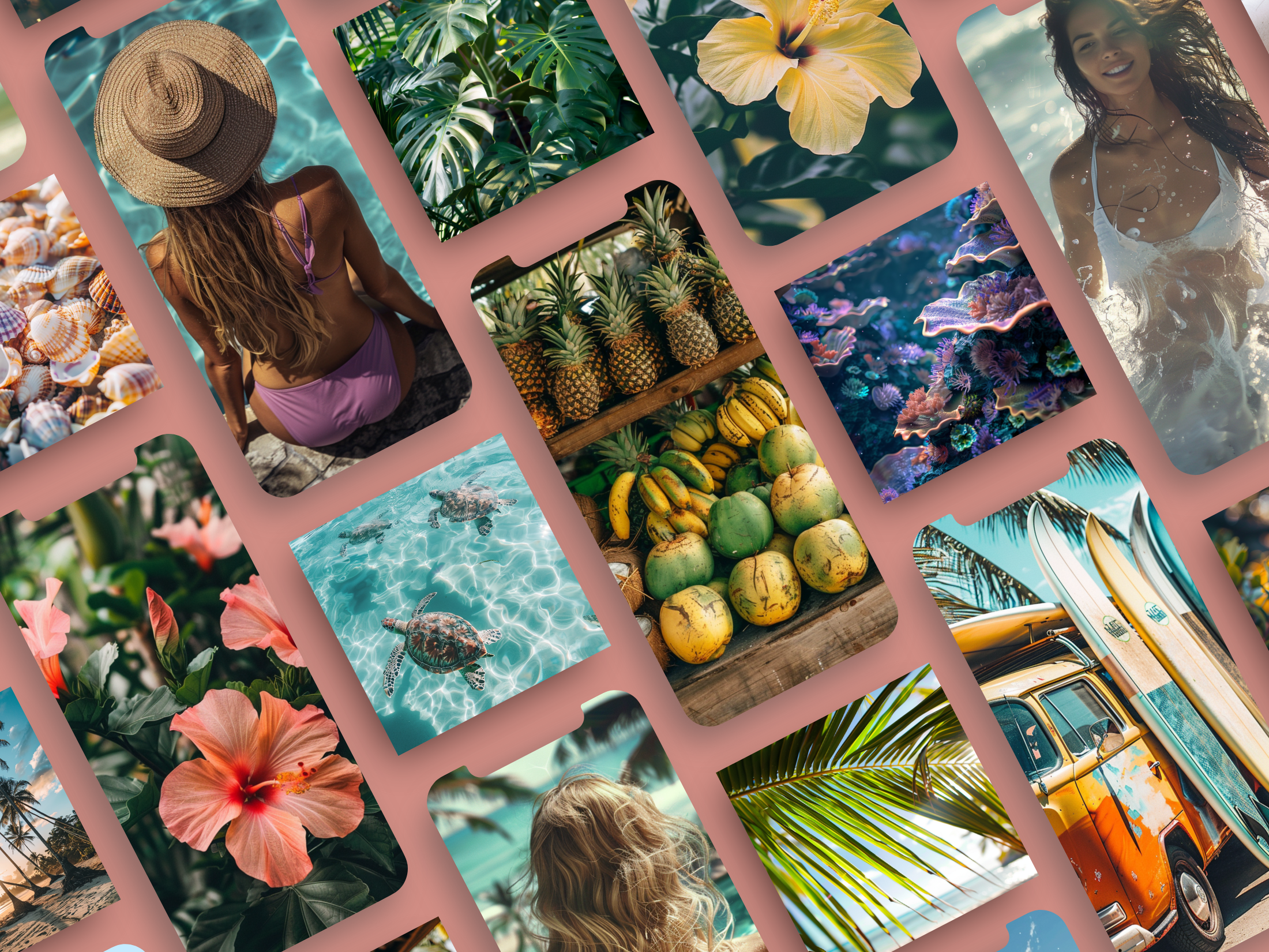 Preview collage of tropical-themed images, showcasing beaches, palm trees, and island aesthetics.