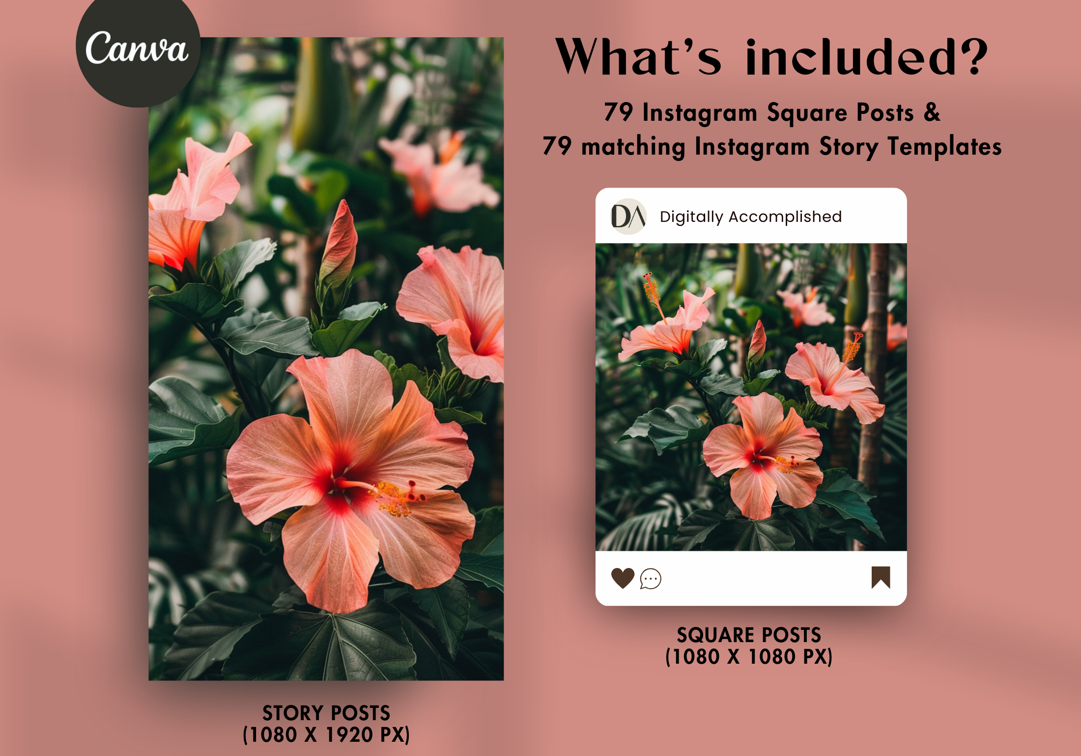 What's included: 79 Instagram square posts and matching story templates with tropical designs.