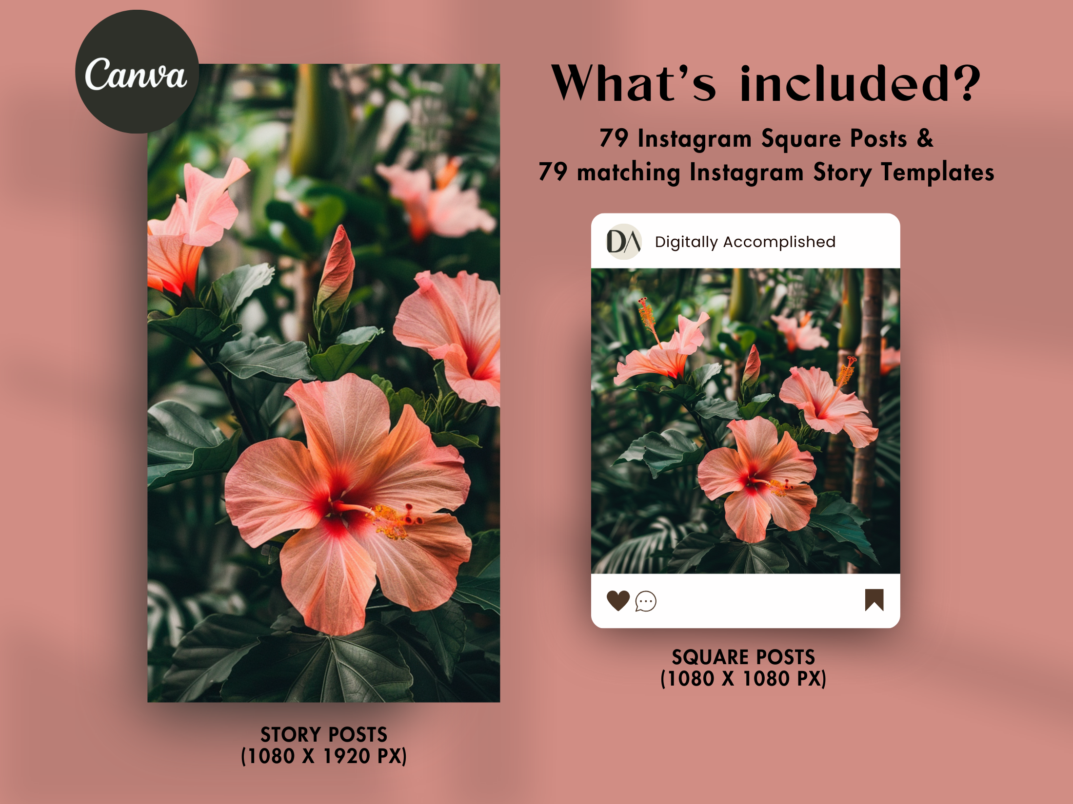 What's included: 79 Instagram square posts and matching story templates with tropical designs.