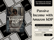 The cover of "Earn Passive Income with Amazon KDP," featuring a stylish woman in a hoodie with an urban background. The guide promotes self-publishing on Amazon for automated income, targeting beginners and experts. It emphasizes its editable format and 43 pages of content.