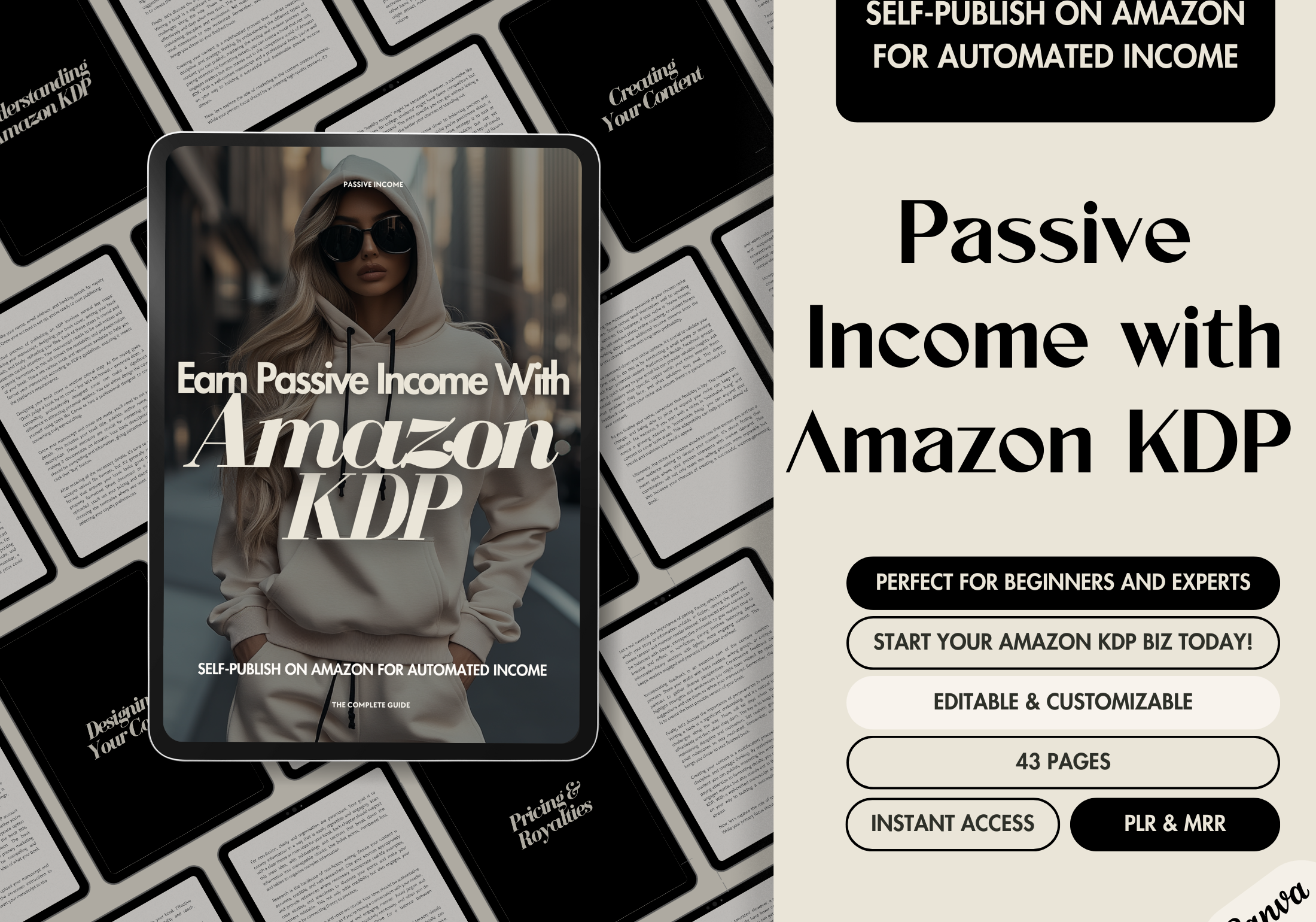 The cover of "Earn Passive Income with Amazon KDP," featuring a stylish woman in a hoodie with an urban background. The guide promotes self-publishing on Amazon for automated income, targeting beginners and experts. It emphasizes its editable format and 43 pages of content.