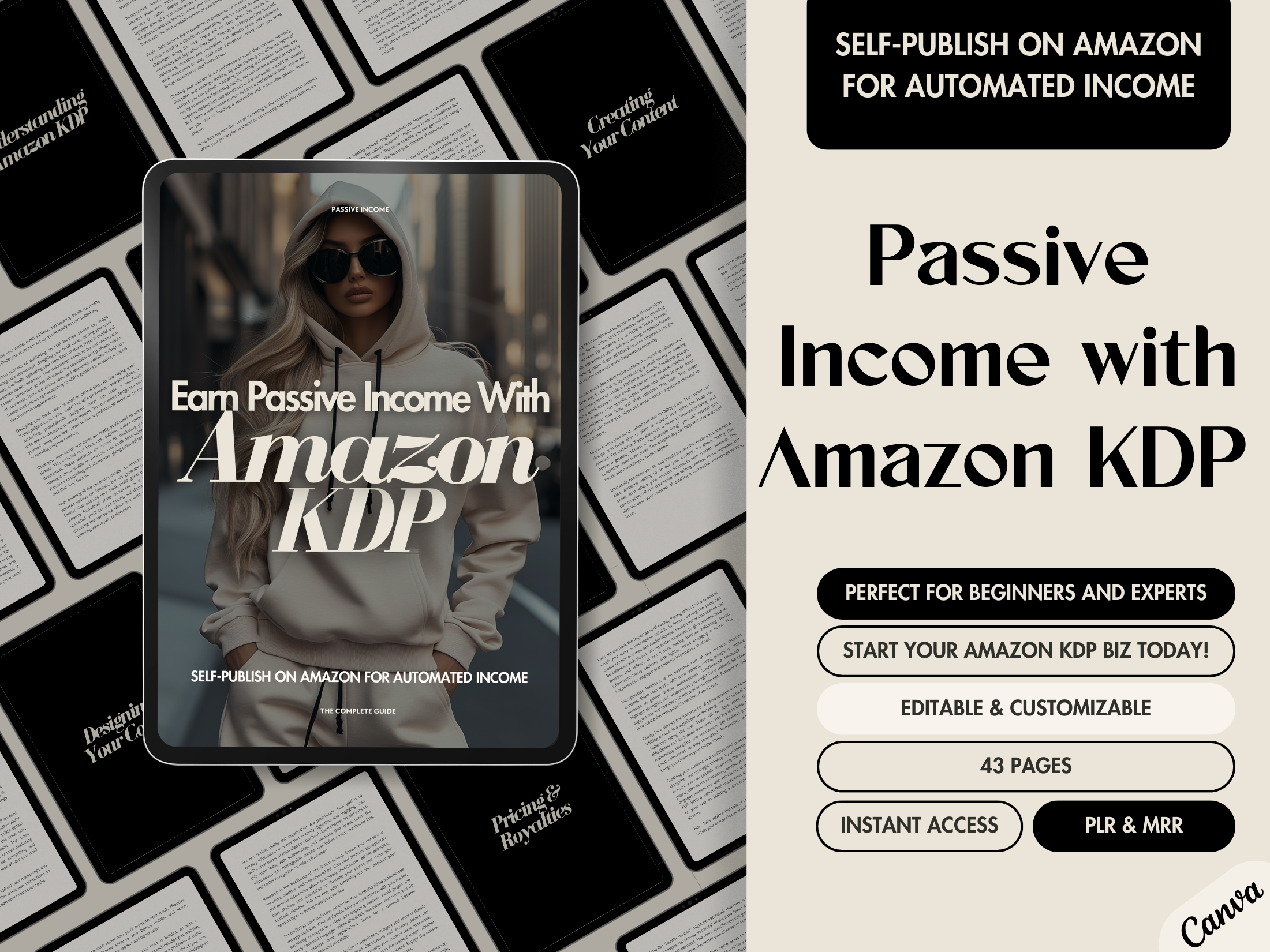 The cover of "Earn Passive Income with Amazon KDP," featuring a stylish woman in a hoodie with an urban background. The guide promotes self-publishing on Amazon for automated income, targeting beginners and experts. It emphasizes its editable format and 43 pages of content.