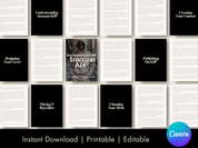 A preview of "Earn Passive Income with Amazon KDP," showcasing pages with topics like "Choosing Your Niche," "Designing Your Cover," and "Pricing & Royalties." The layout combines black cover pages with detailed white content pages for a professional and sleek look.