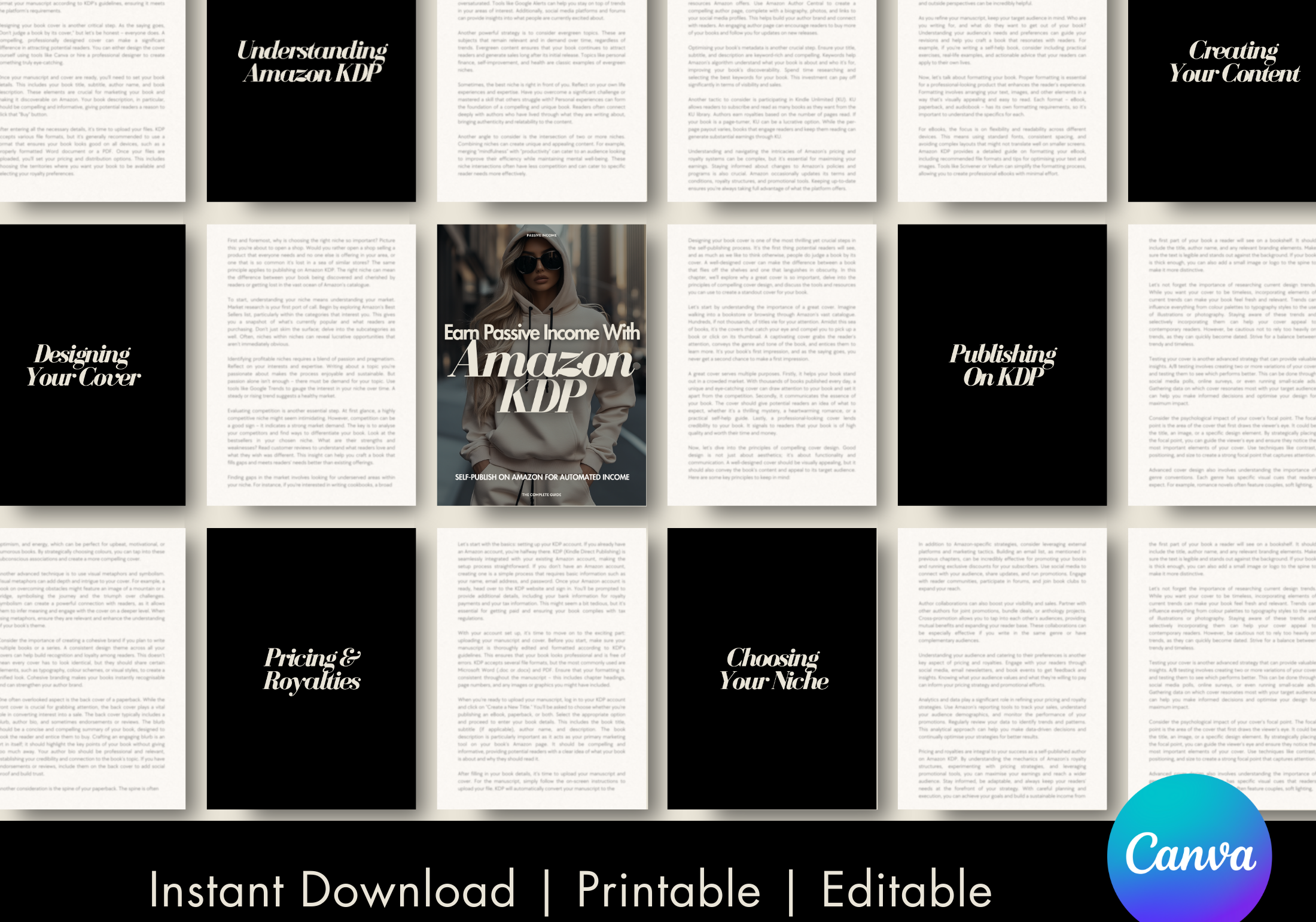 A preview of "Earn Passive Income with Amazon KDP," showcasing pages with topics like "Choosing Your Niche," "Designing Your Cover," and "Pricing & Royalties." The layout combines black cover pages with detailed white content pages for a professional and sleek look.