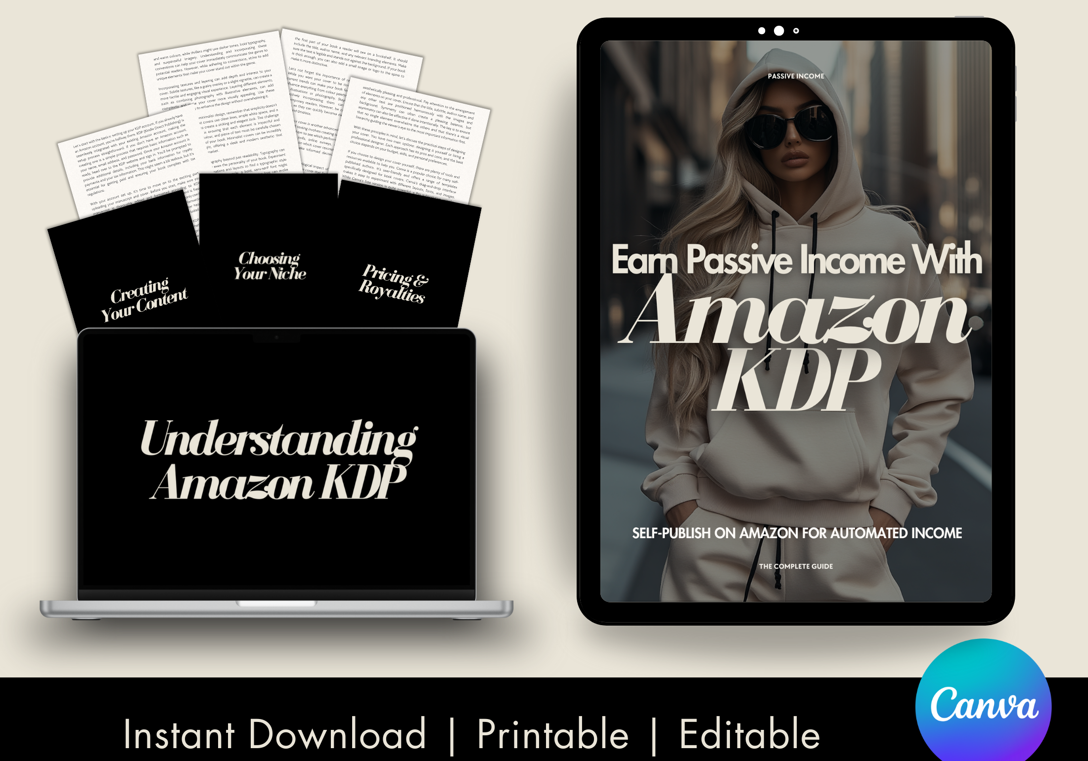 A product display for "Earn Passive Income with Amazon KDP," featuring a tablet mockup, pages preview, and laptop. The display highlights key sections like "Understanding Amazon KDP" and "Creating Your Content," emphasizing instant download, printability, and editability through Canva.