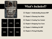 A graphic showcasing the contents of "Earn Passive Income with Amazon KDP." It includes chapters like "Understanding Amazon KDP," "Choosing Your Niche," "Creating Your Content," "Designing Your Cover," "Publishing on KDP," and "Pricing & Royalties." The visual design features a tablet mockup and chapter titles with a beige background.