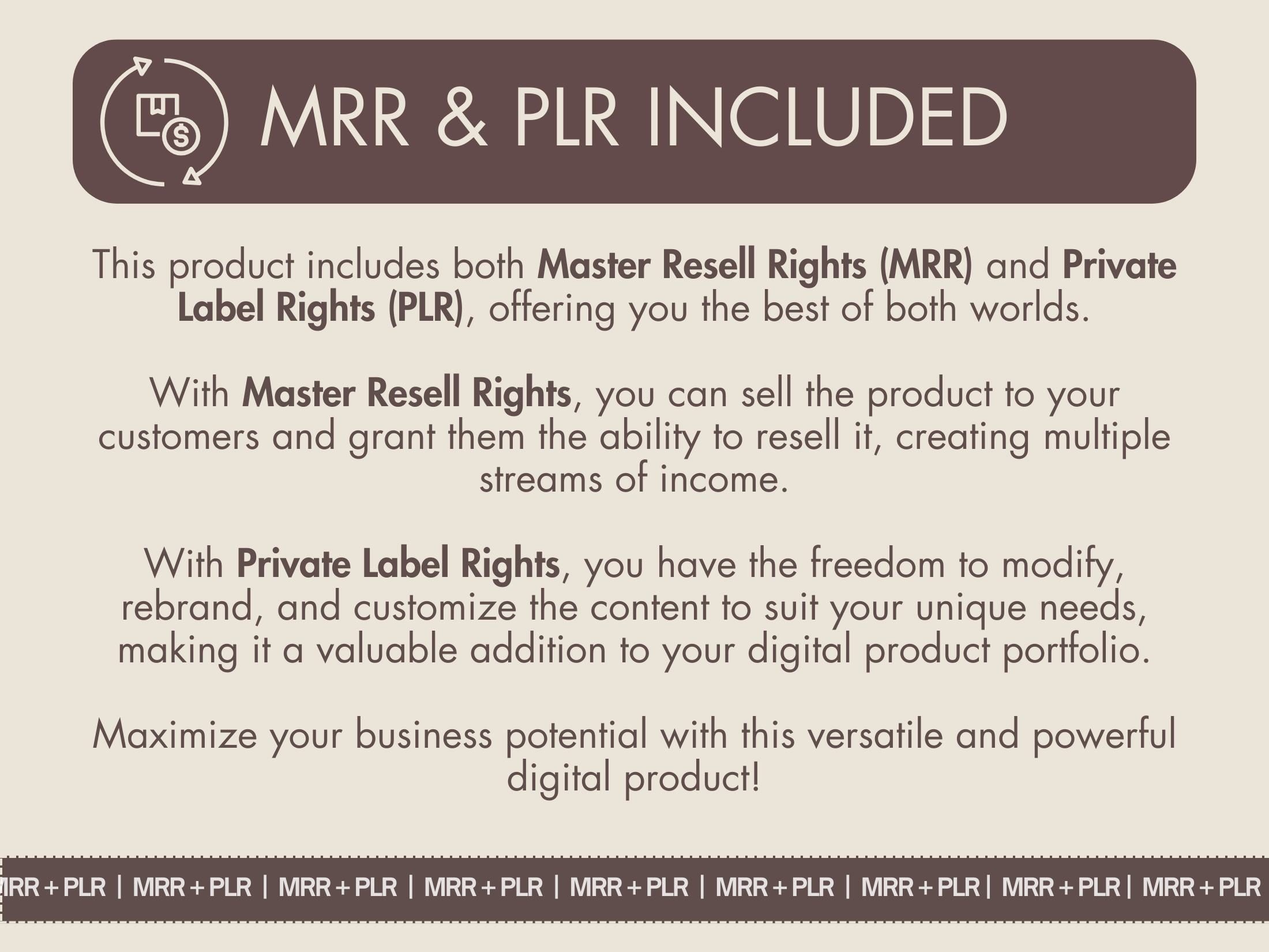 Description highlighting Master Resell Rights (MRR) and Private Label Rights (PLR) included with the product, allowing for reselling and rebranding.