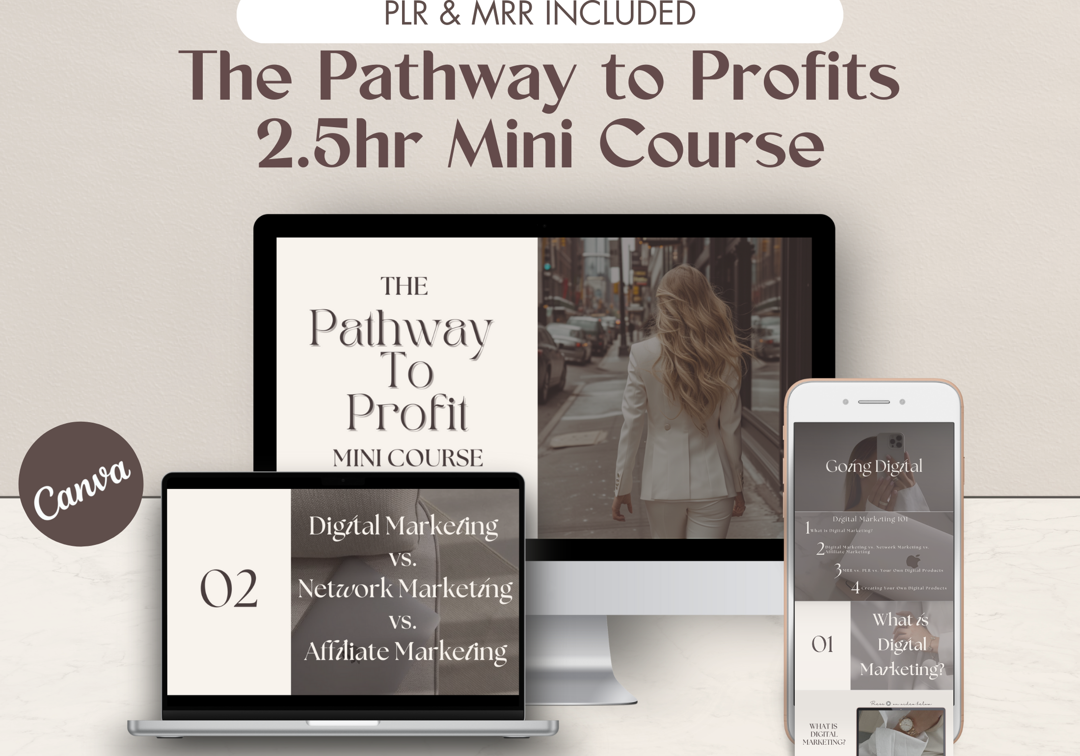 Mockup of the Pathway to Profits 2.5hr mini-course, showcasing digital marketing and affiliate marketing lessons on multiple devices.