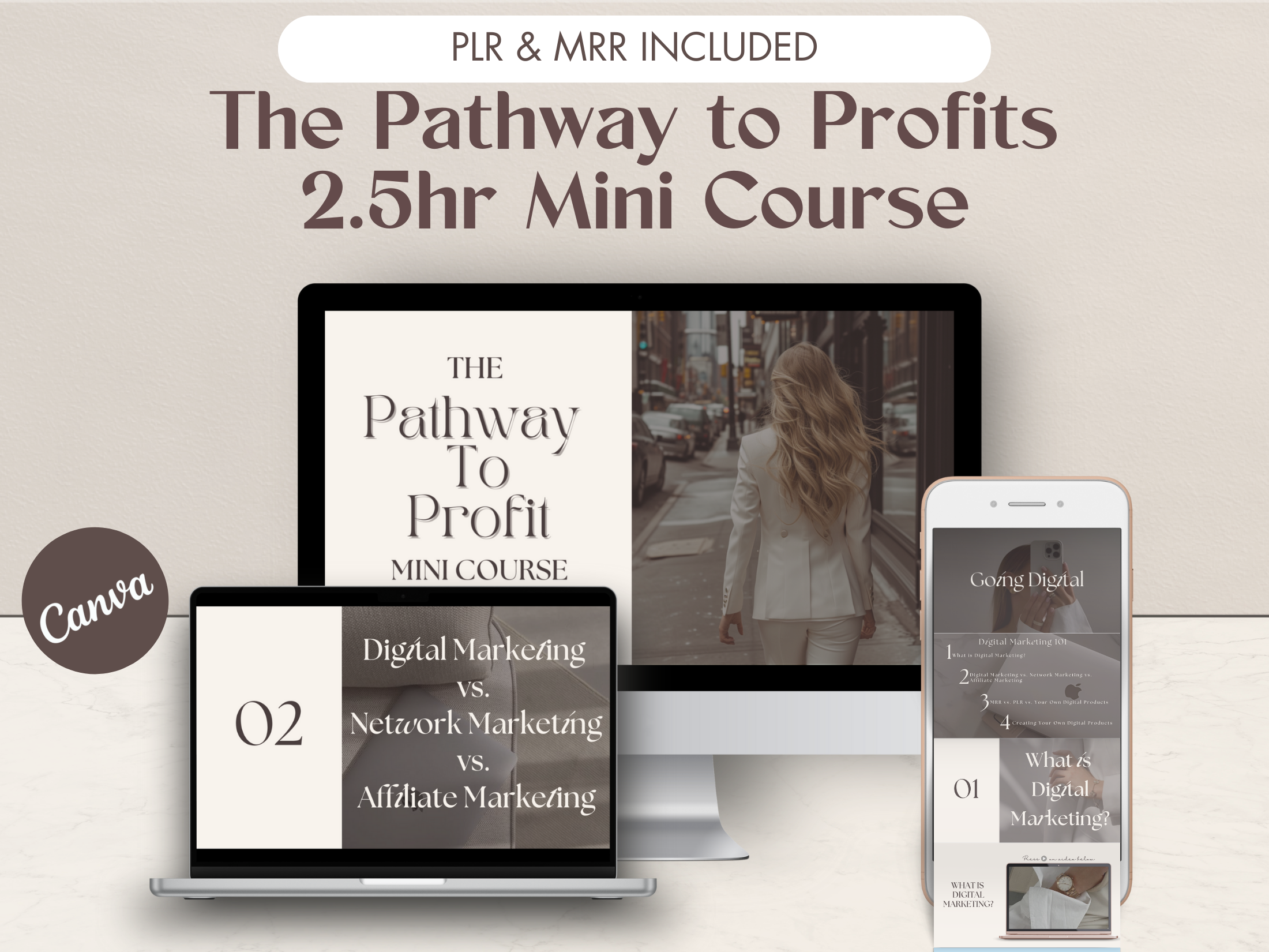 Mockup of the Pathway to Profits 2.5hr mini-course, showcasing digital marketing and affiliate marketing lessons on multiple devices.