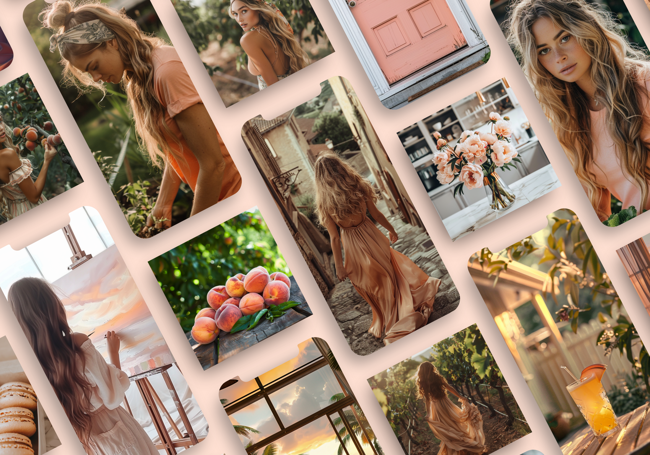 Collage of Peach Paradise images showcasing peach-themed aesthetics with natural and artistic elements, including lifestyle and nature visuals.