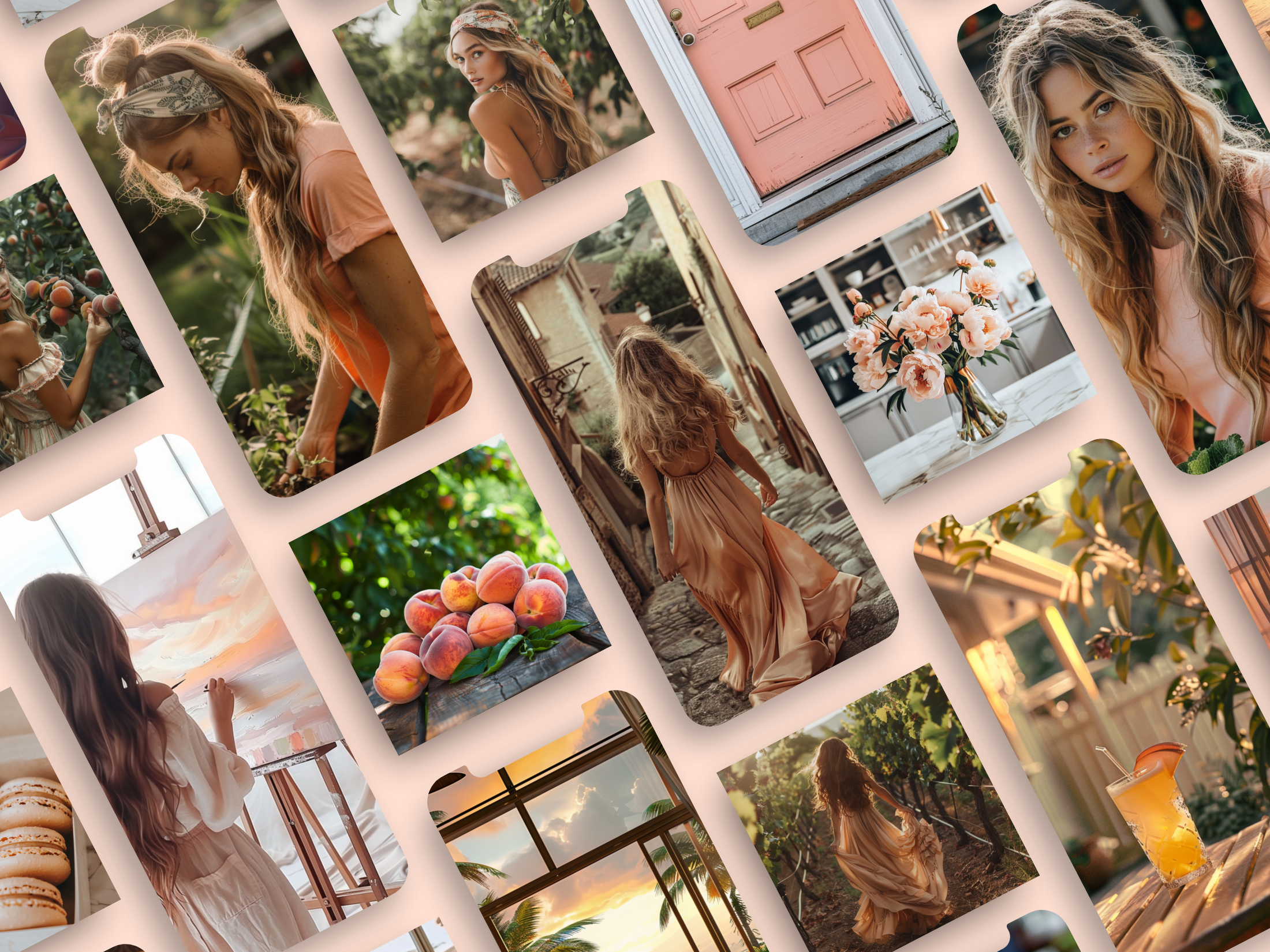 Collage of Peach Paradise images showcasing peach-themed aesthetics with natural and artistic elements, including lifestyle and nature visuals.