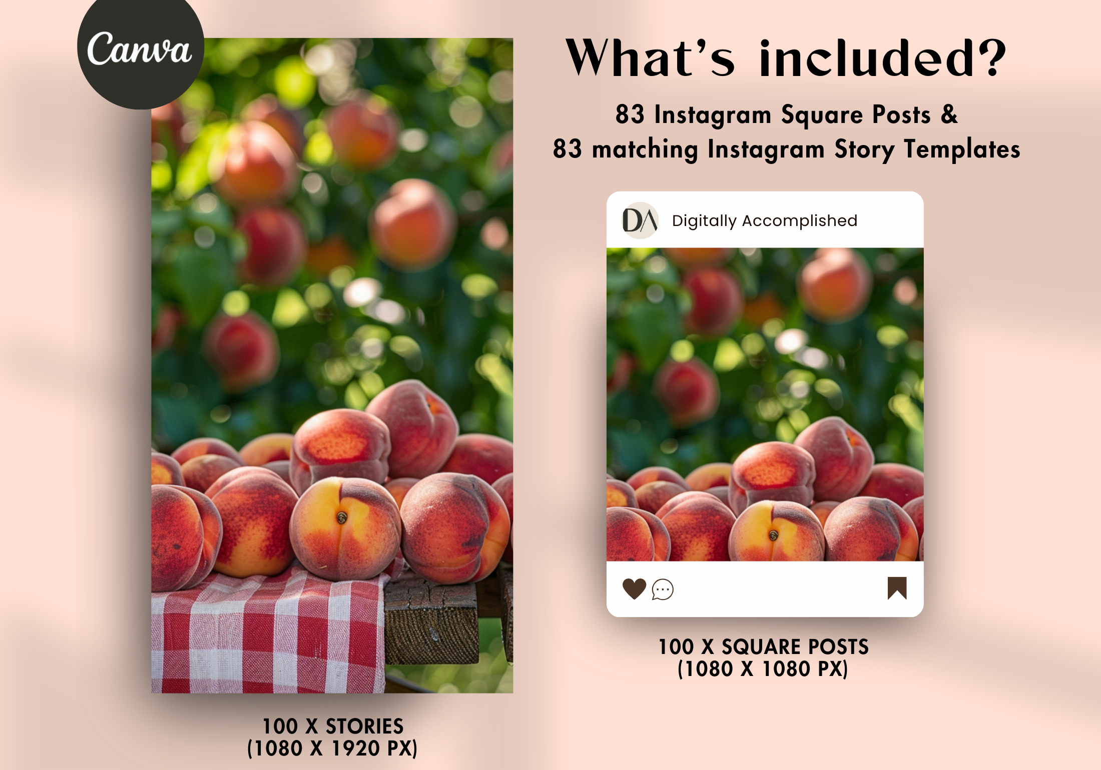 Peach Paradise product details highlighting 83 Instagram square posts and matching Instagram story templates, fully editable on Canva.