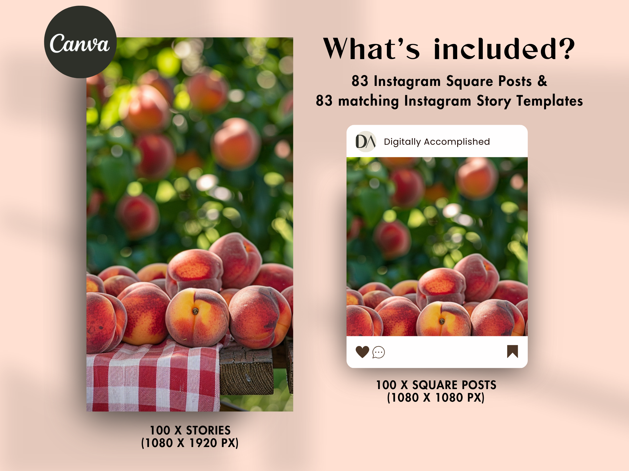 Peach Paradise product details highlighting 83 Instagram square posts and matching Instagram story templates, fully editable on Canva.