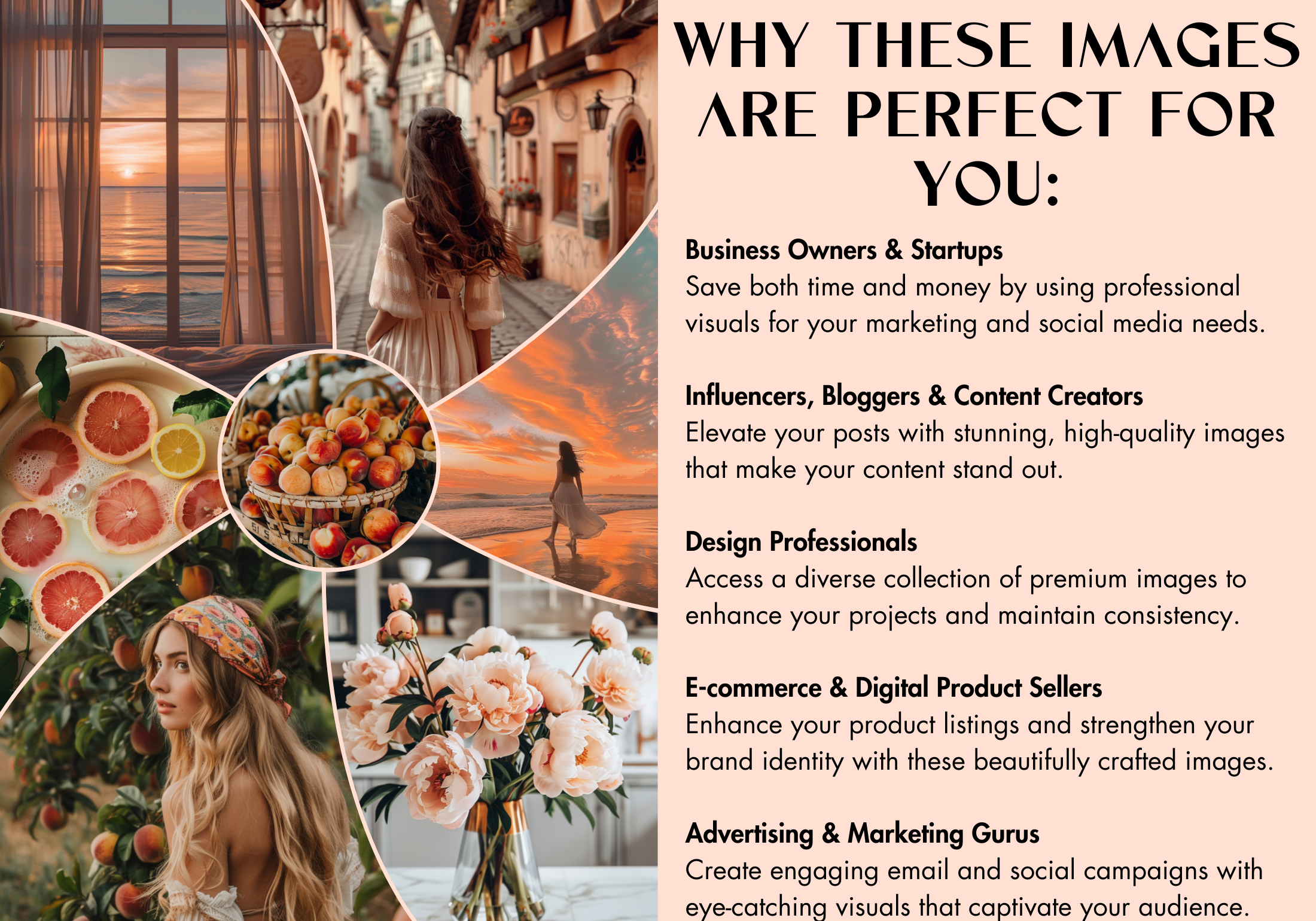 Why Peach Paradise is perfect for business owners, influencers, and e-commerce sellers. Features diverse visuals for social media and marketing use.