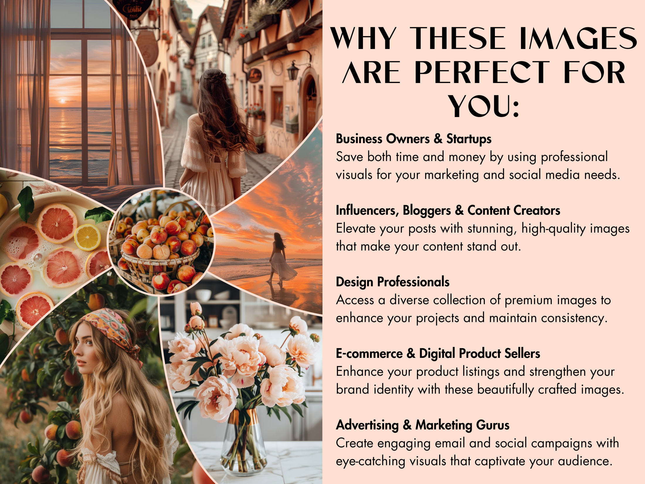 Why Peach Paradise is perfect for business owners, influencers, and e-commerce sellers. Features diverse visuals for social media and marketing use.