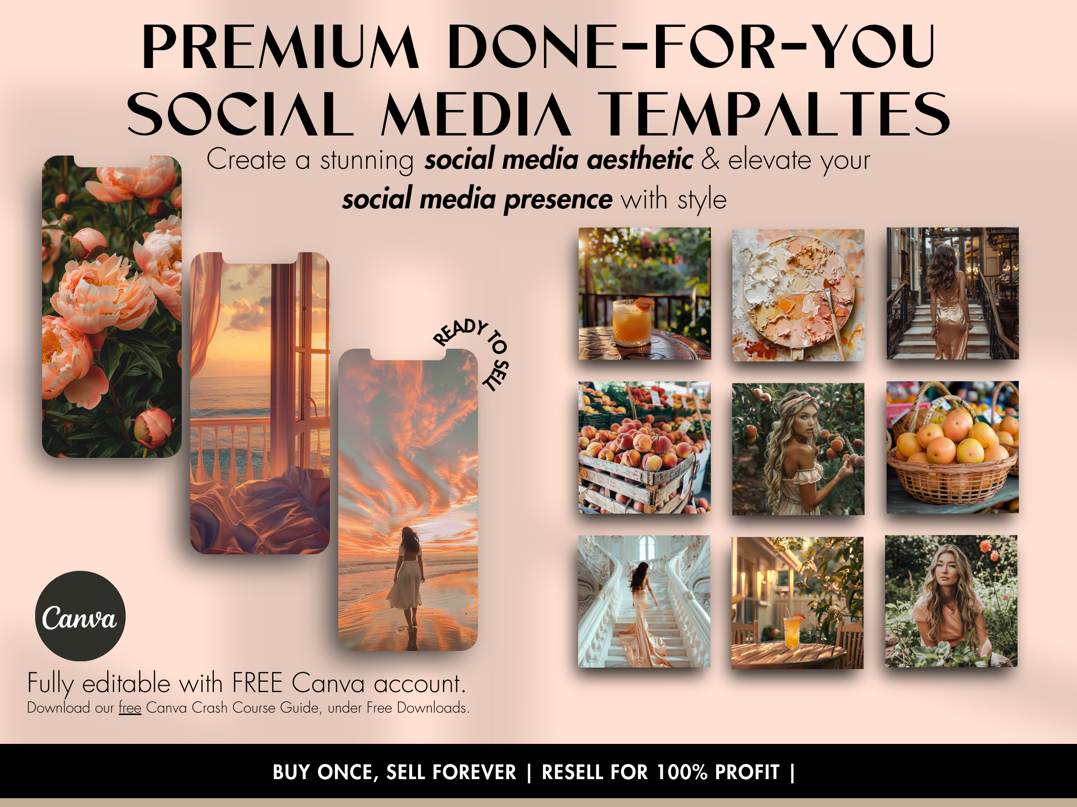 Peach Paradise premium done-for-you social media templates showcasing peach and golden hour tones. Editable with Canva for resell rights