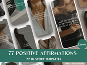 Cover image for the 70+ Positive Affirmations Instagram Stories, showcasing a variety of modern and stylish story templates with empowering affirmations.