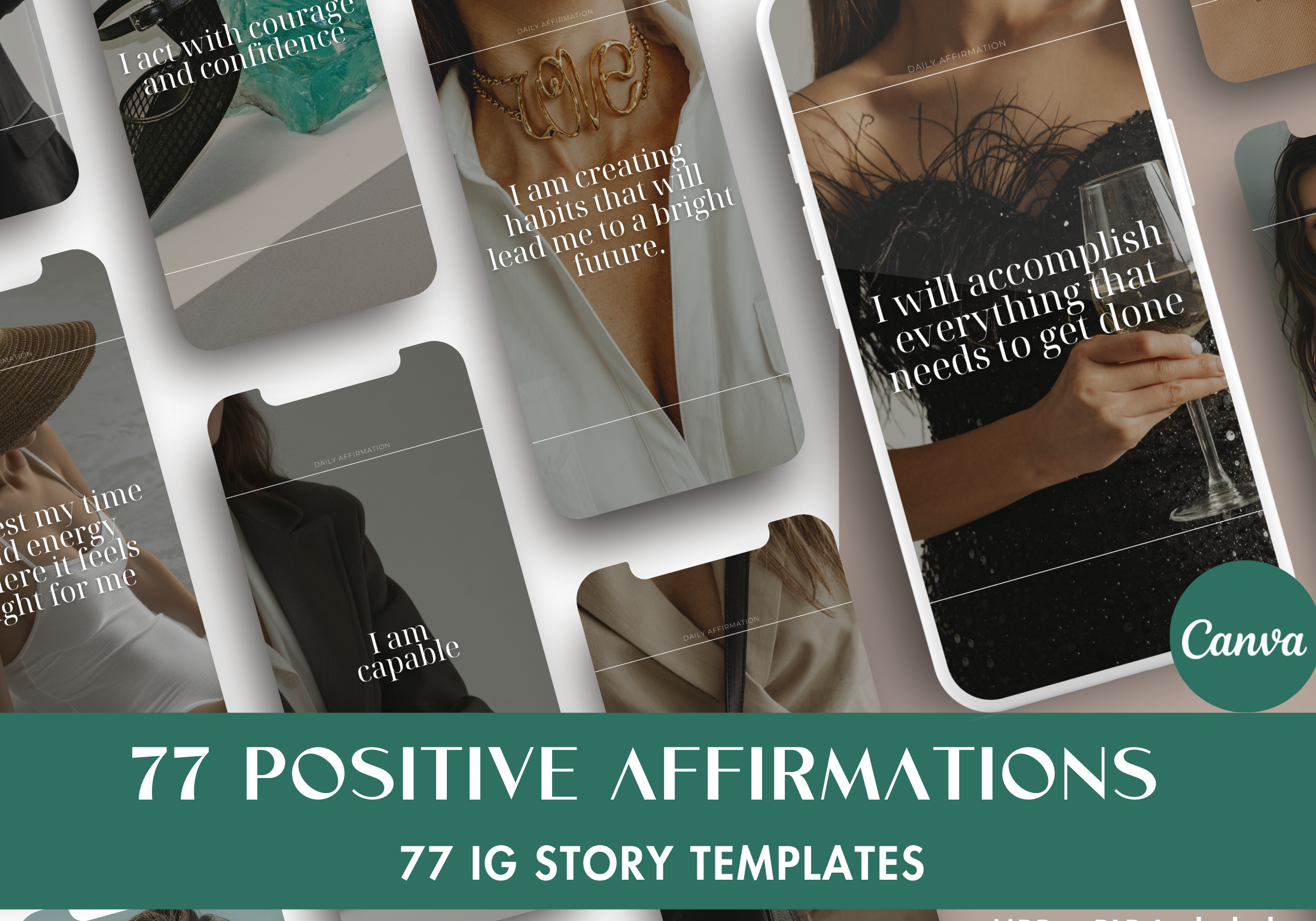 Cover image for the 70+ Positive Affirmations Instagram Stories, showcasing a variety of modern and stylish story templates with empowering affirmations.