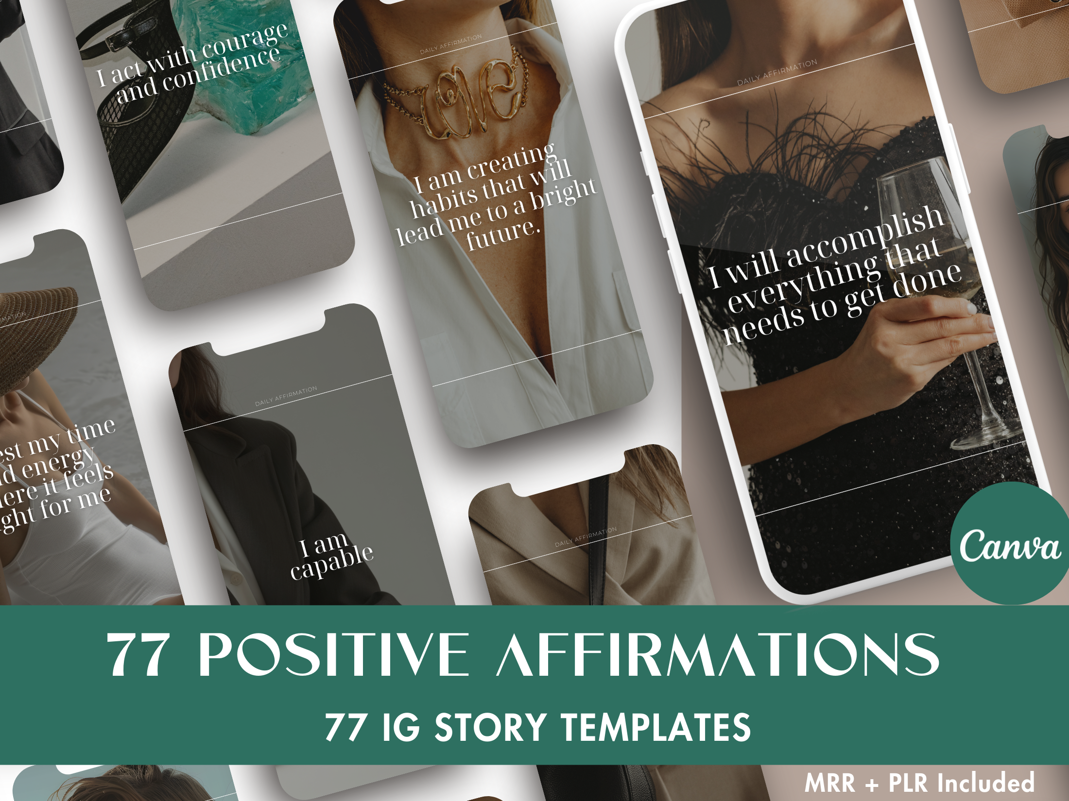 Cover image for the 70+ Positive Affirmations Instagram Stories, showcasing a variety of modern and stylish story templates with empowering affirmations.