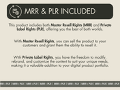 Image detailing the inclusion of Master Resell Rights (MRR) and Private Label Rights (PLR) with the 70+ Positive Affirmations Instagram Stories, allowing for reselling and customization.