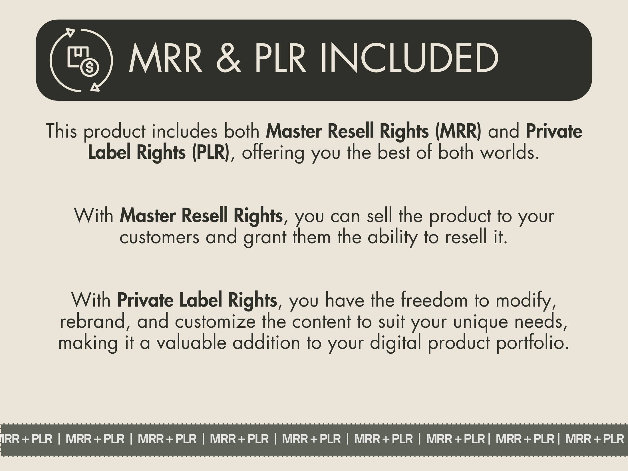 Image detailing the inclusion of Master Resell Rights (MRR) and Private Label Rights (PLR) with the 70+ Positive Affirmations Instagram Stories, allowing for reselling and customization.