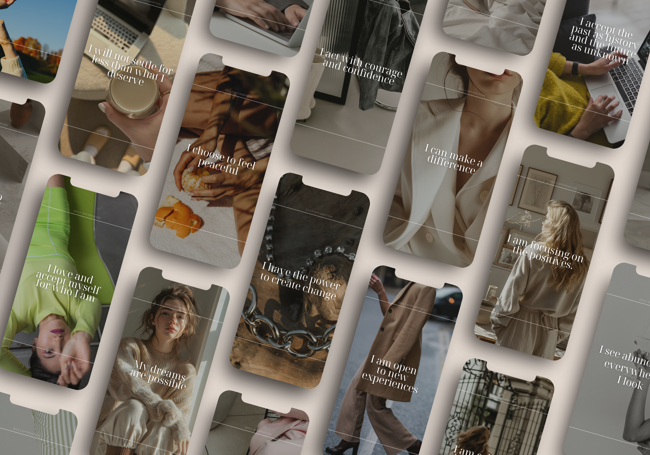 Variety showcase of the 70+ Positive Affirmations Instagram Stories, featuring multiple templates with different affirmations and aesthetics.