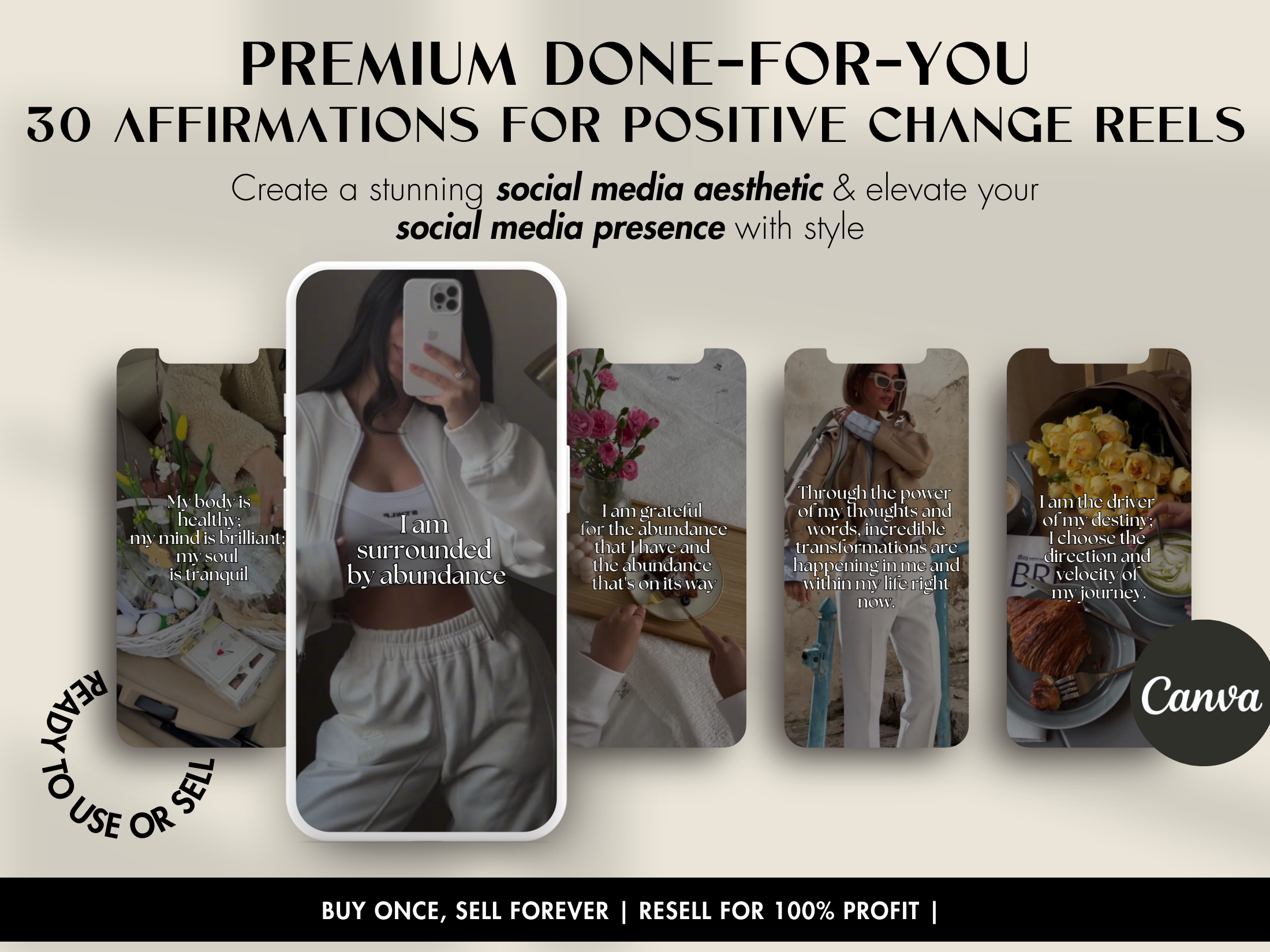 A preview image of the Premium Done-For-You 30 Affirmations for Positive Change Reels, highlighting stylish social media designs.