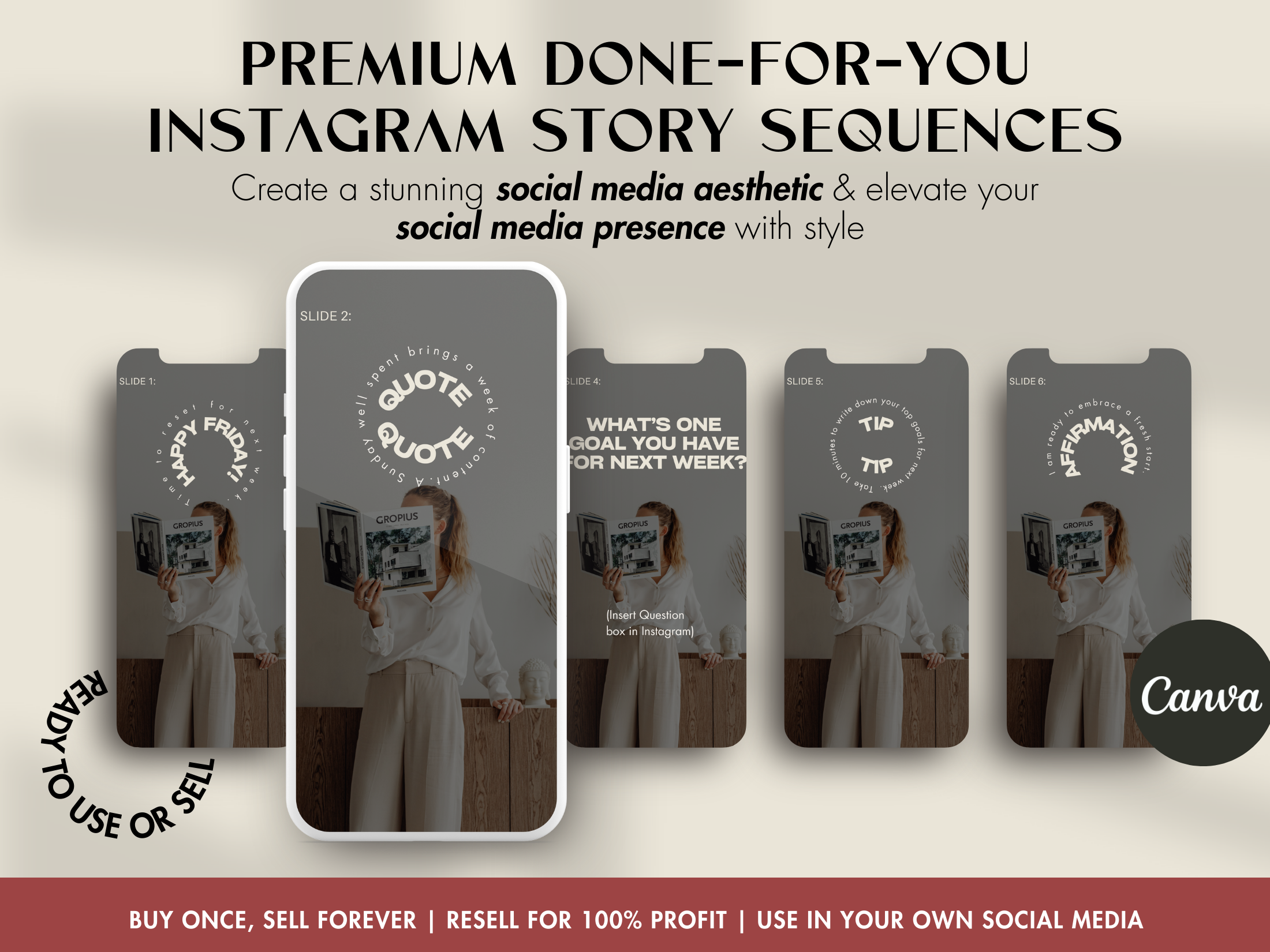 Premium Done-for-You Instagram Story Sequences featuring sleek and elegant slides with a blend of quotes, tips, and affirmations, perfect for enhancing social media aesthetics. Digitally Accomplished