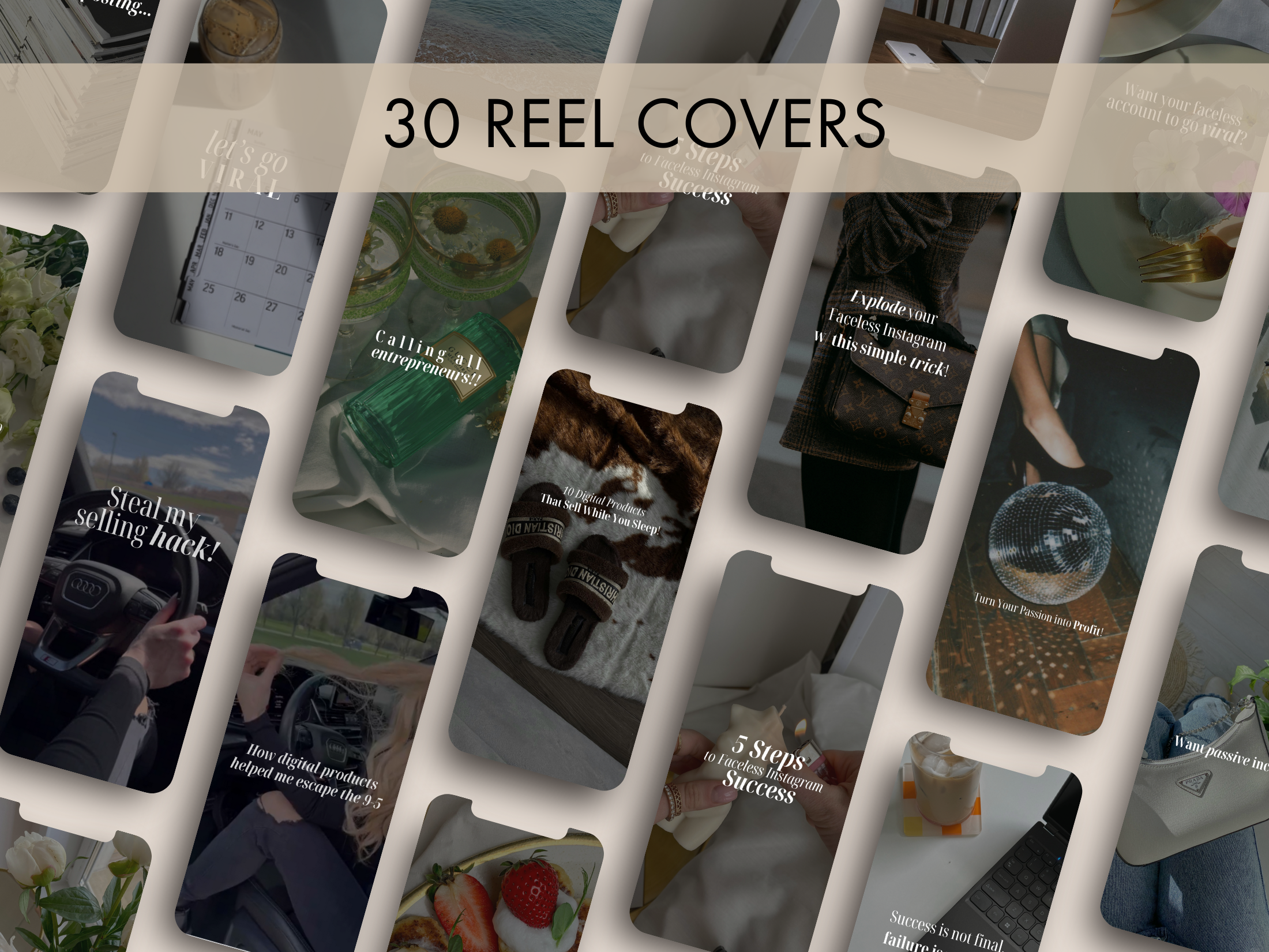 A visual of 30 reel covers from Reel Magic Vol. 1, featuring elegant and stylish designs for a luxury social media aesthetic.