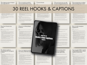 Display of 30 hooks and captions for Reel Magic Vol. 1, designed to maximize engagement and drive sales through Instagram reel