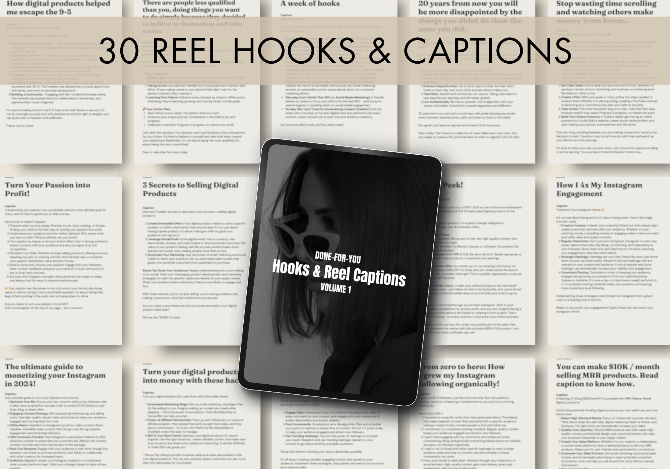 Display of 30 hooks and captions for Reel Magic Vol. 1, designed to maximize engagement and drive sales through Instagram reel