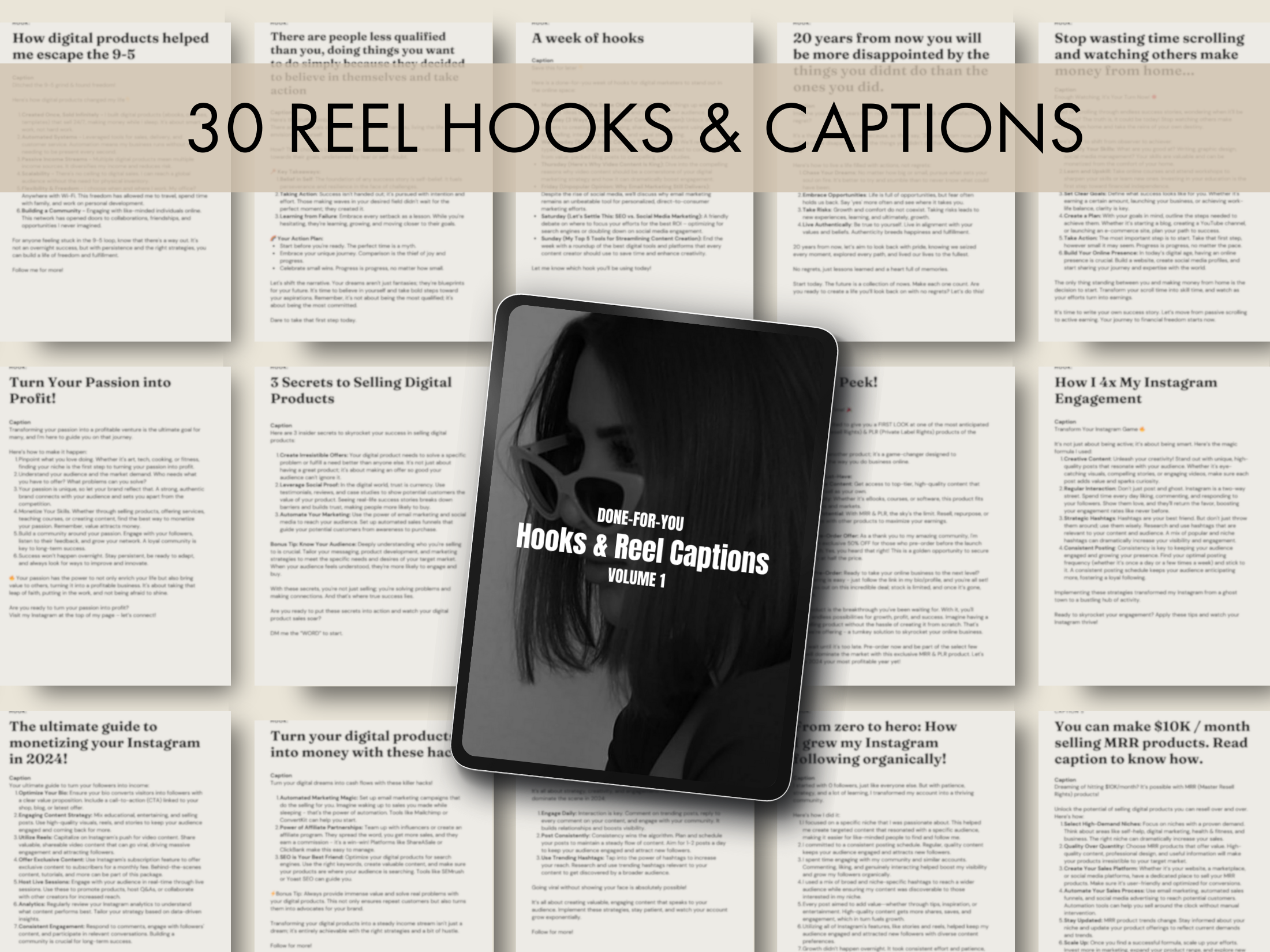 Display of 30 hooks and captions for Reel Magic Vol. 1, designed to maximize engagement and drive sales through Instagram reel