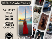 Mockup of the Reel Magic Vol. 1, featuring 30 luxury reels, covers, and captions designed for a premium social media presence.