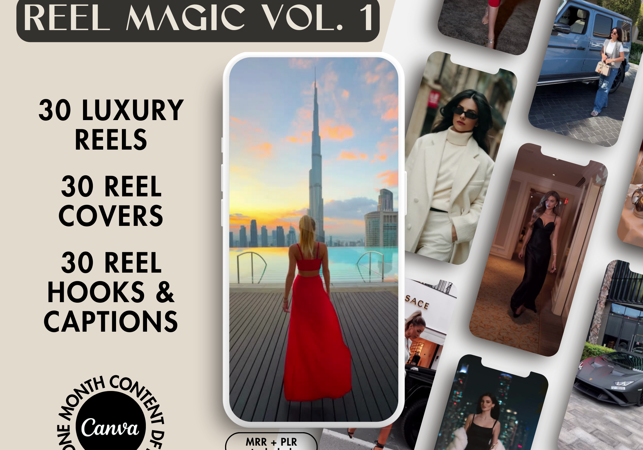 Mockup of the Reel Magic Vol. 1, featuring 30 luxury reels, covers, and captions designed for a premium social media presence.